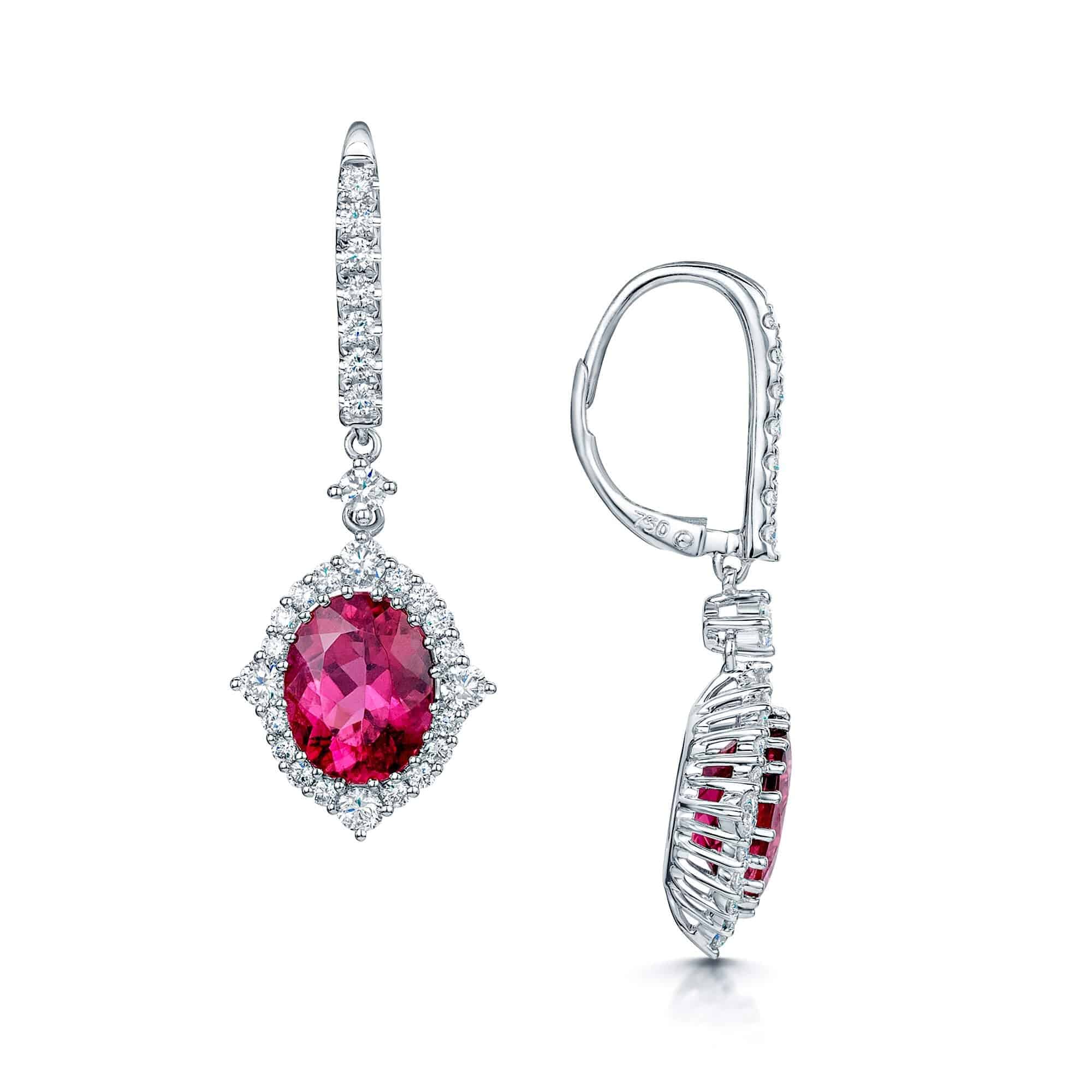 18ct White Gold Oval Rubellite And Diamond Cluster Drop Earrings With Diamond Fittings