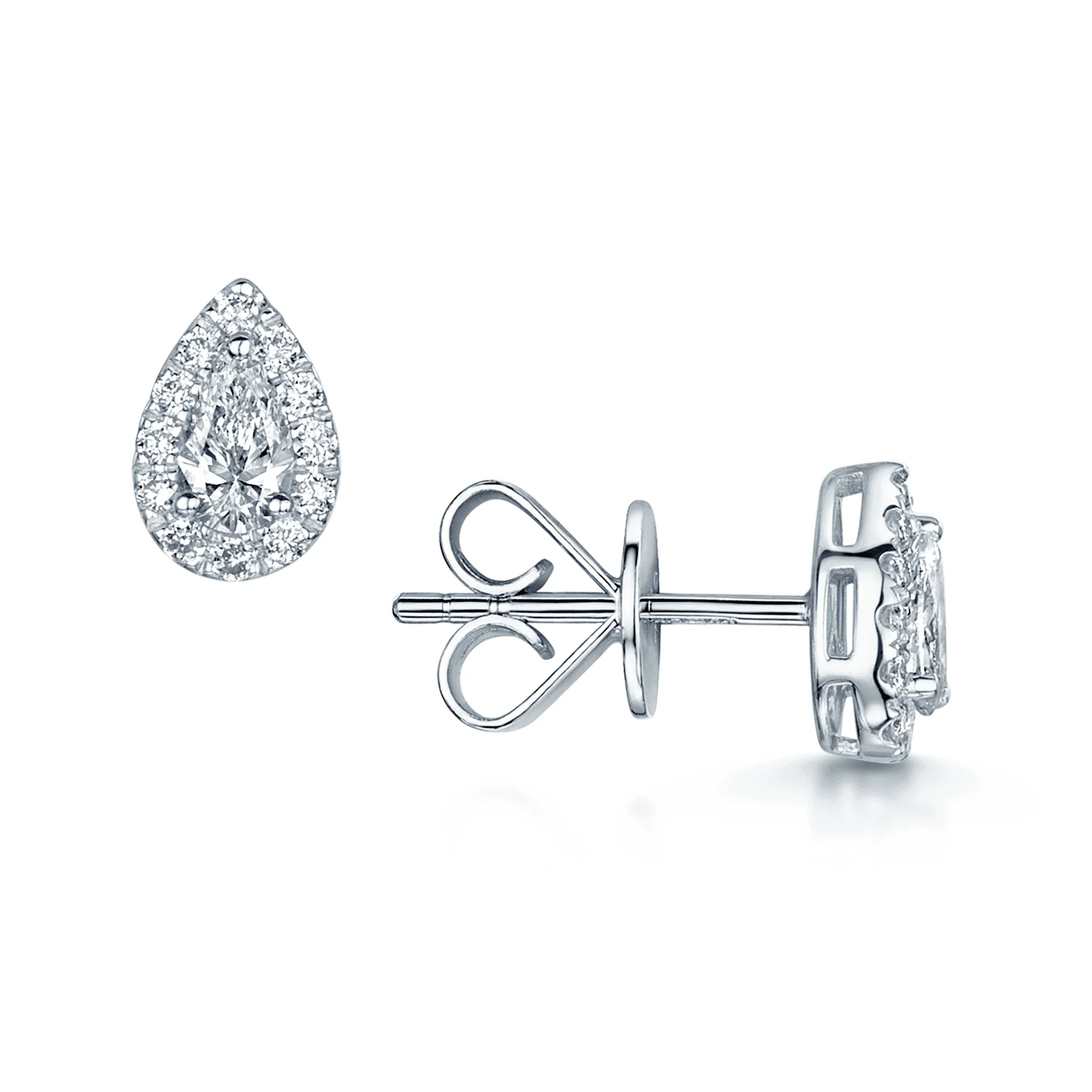 18ct White Gold Pear Cut Diamond With Halo Surround Stud Earrings