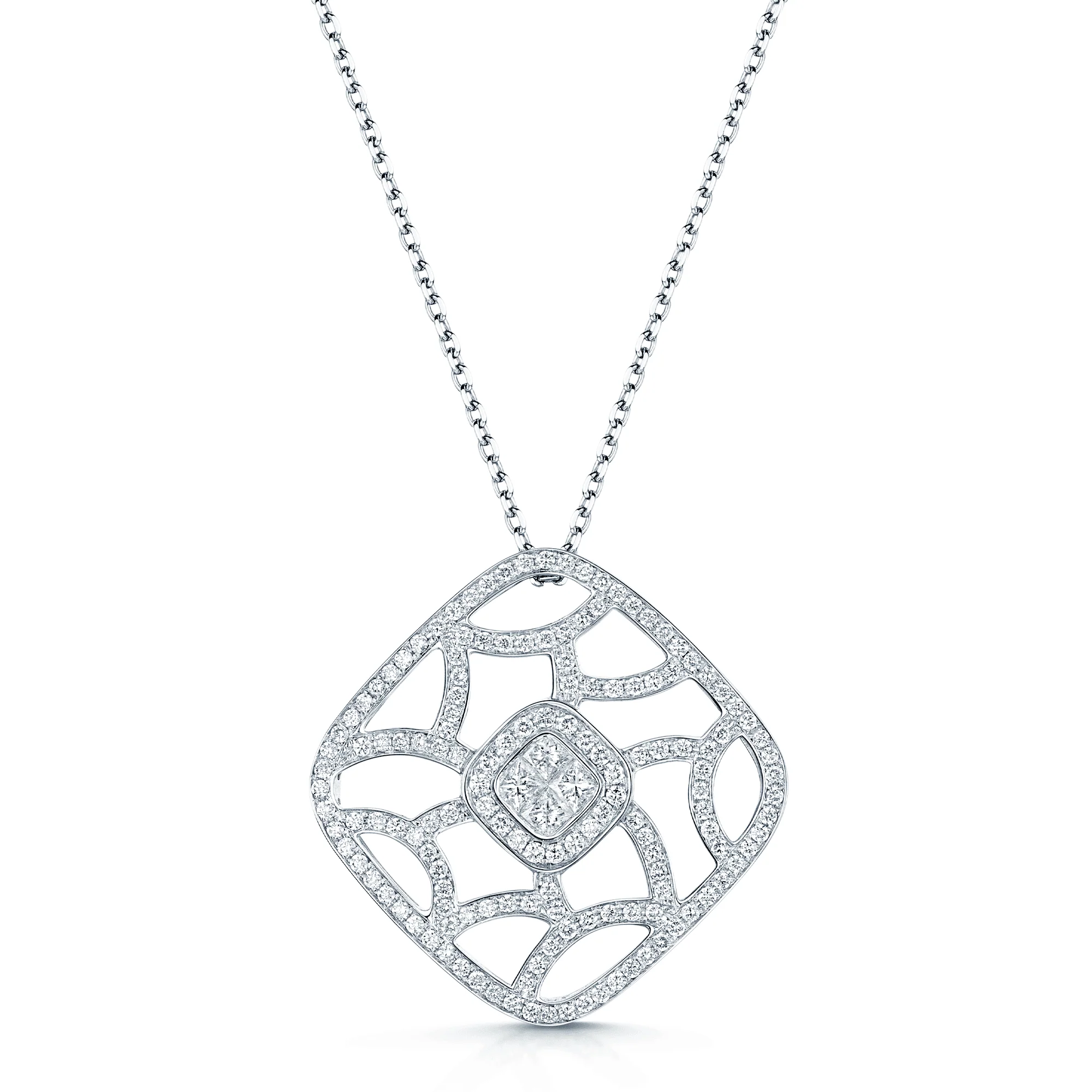 18ct White Gold Princess & Round Brilliant Cut Diamond Pave Set Open Work Square Pendant
