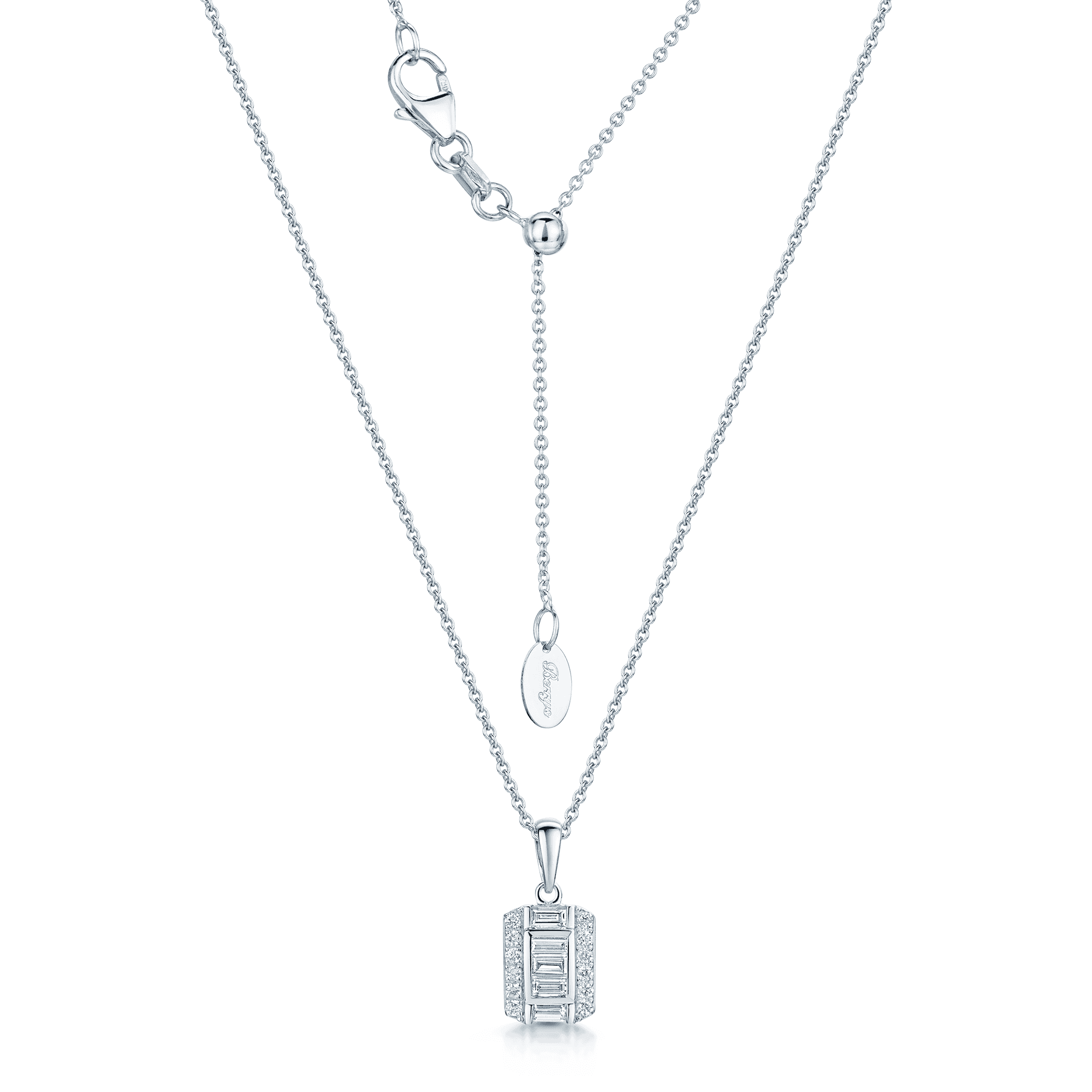 18ct White Gold Round Brilliant And Baguette Cut Diamond Rectangular Cluster Pendant