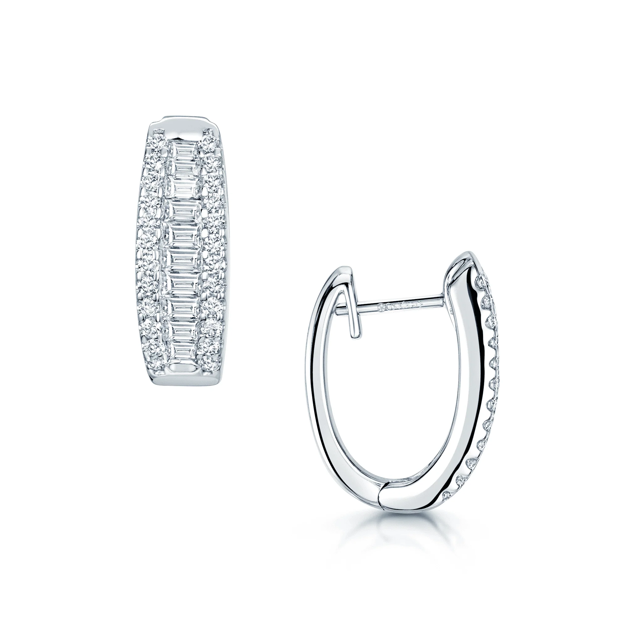 18ct White Gold Round Brilliant And Baguette Diamond Small Hoop Earrings