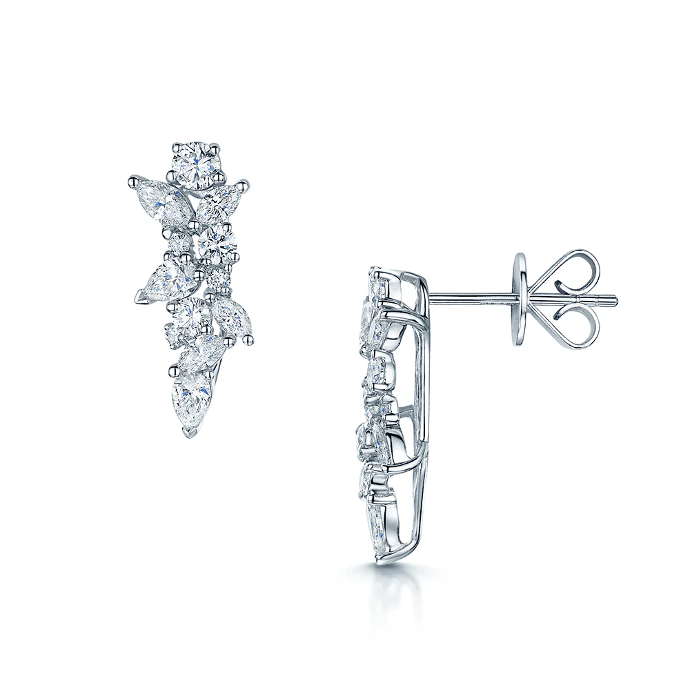 18ct White Gold Round Brilliant And Marquise Cut Diamond Drop Earrings