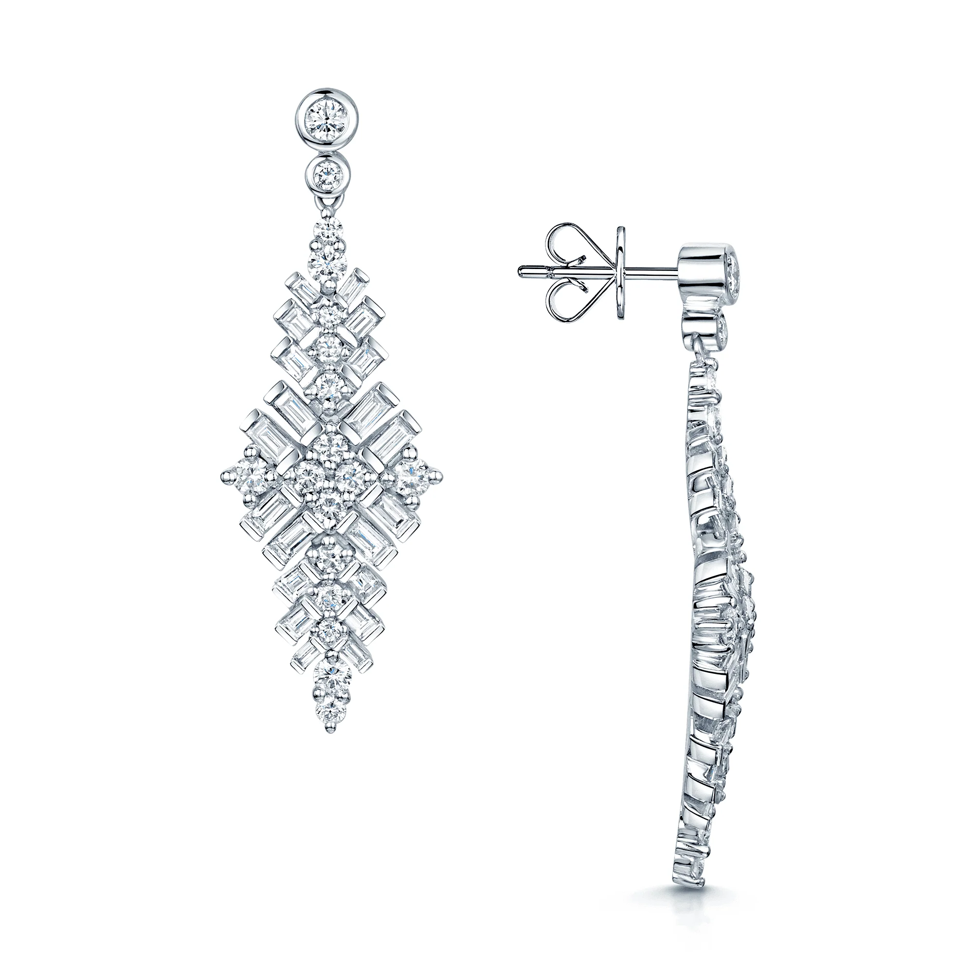 18ct White Gold Round Brilliant Cut And Baguette Cut Diamond Vintage Style Drop Earrings