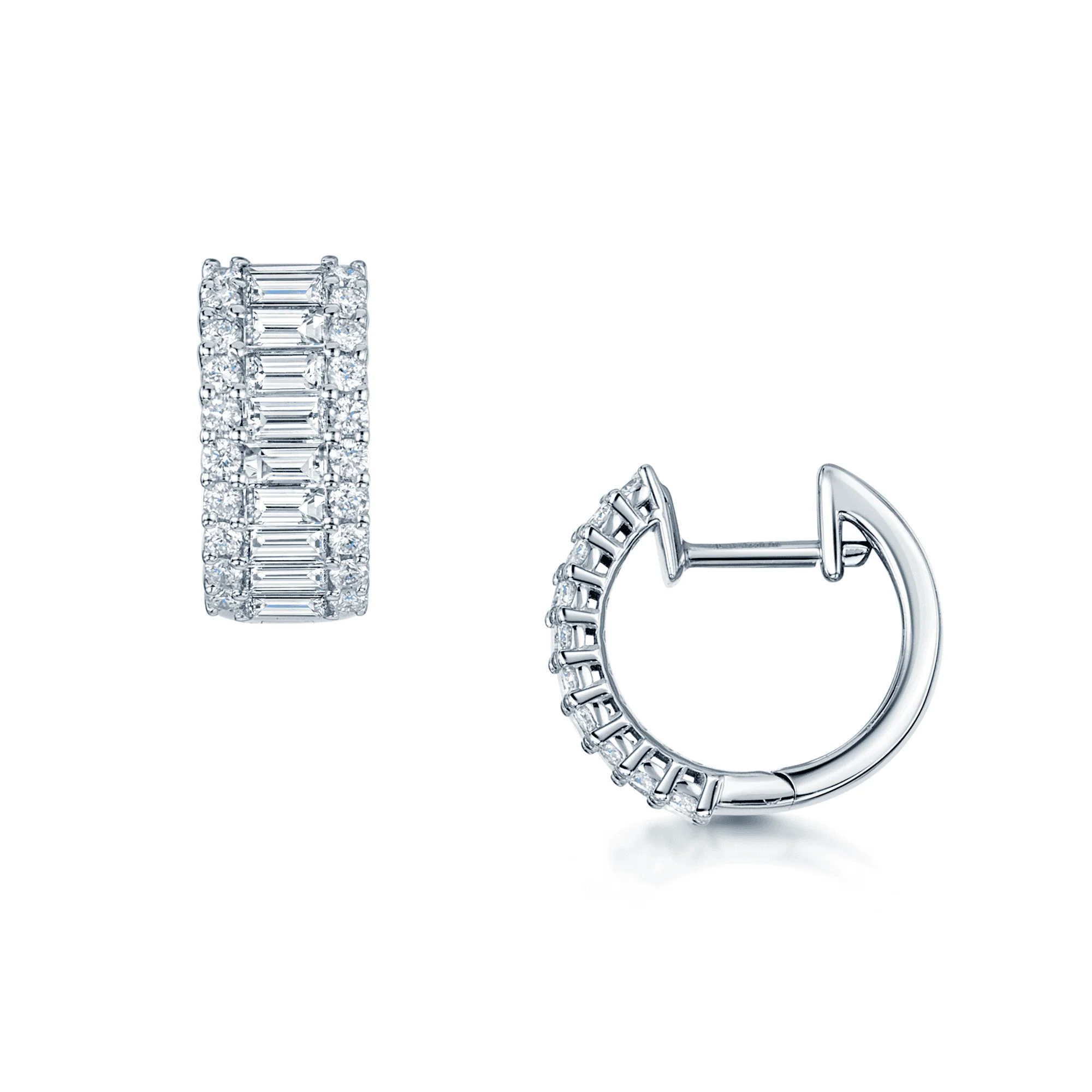 18ct White Gold Round Brilliant Cut and Baguette Half Hoop Earrings