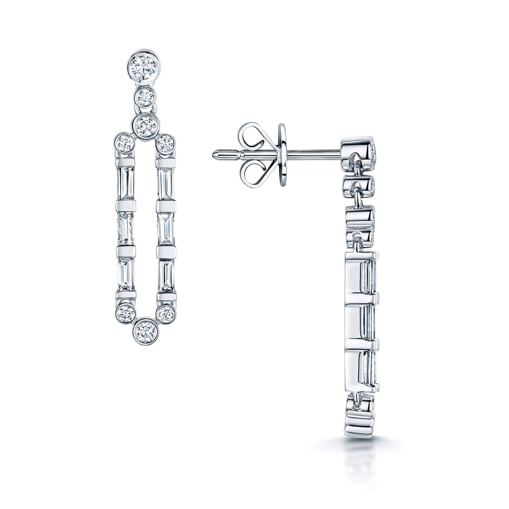 18ct White Gold Round Brilliant Cut & Baguette Cut Diamond Rubover & Bar Set Earrings