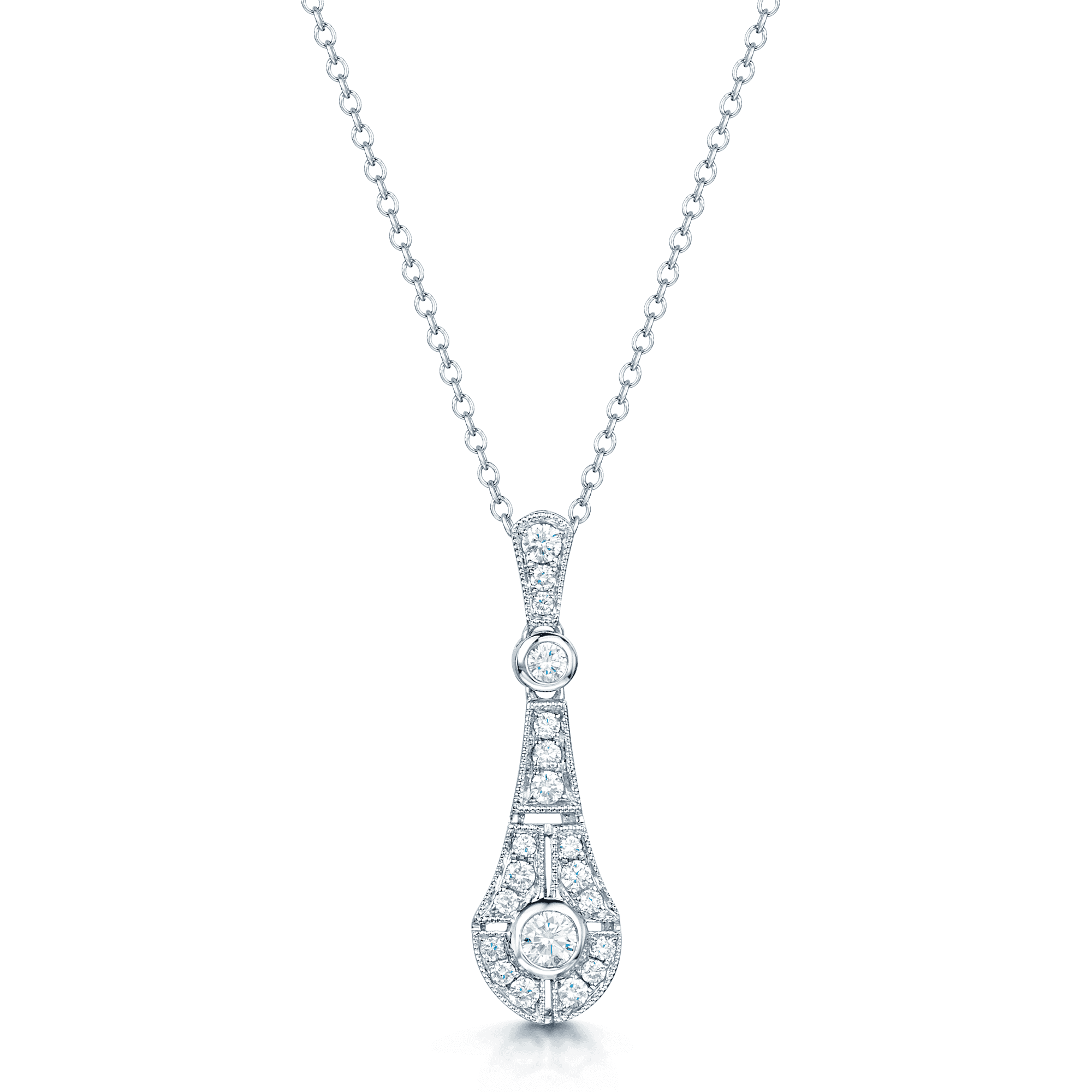 18ct White Gold Round Brilliant Cut Diamond Vintage Style Drop Pendant