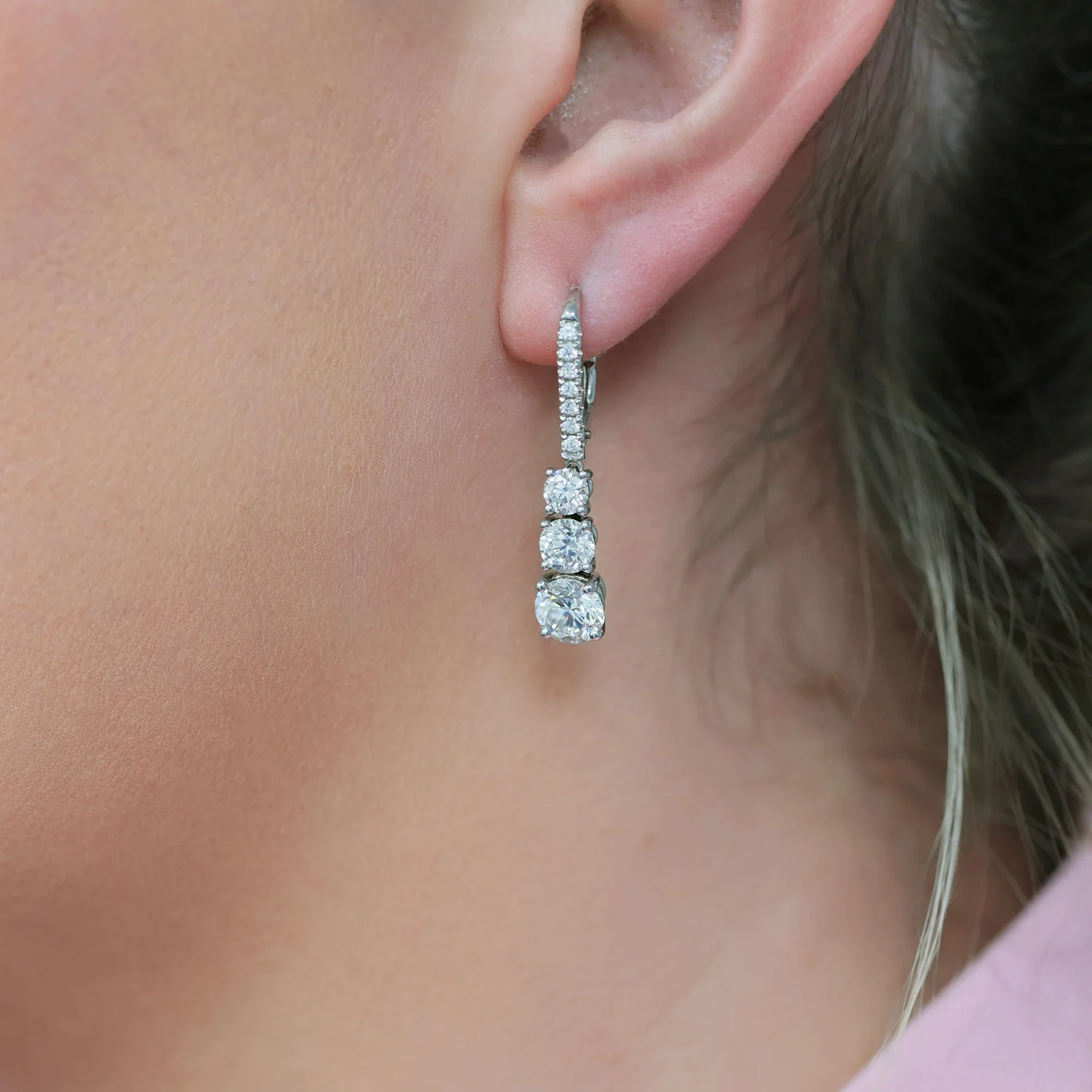 18ct White Gold Round Brilliant Cut GIA Certificated Diamond Three Stone Drop Earrings With Pave Diamond Hook Fittings - Image 3