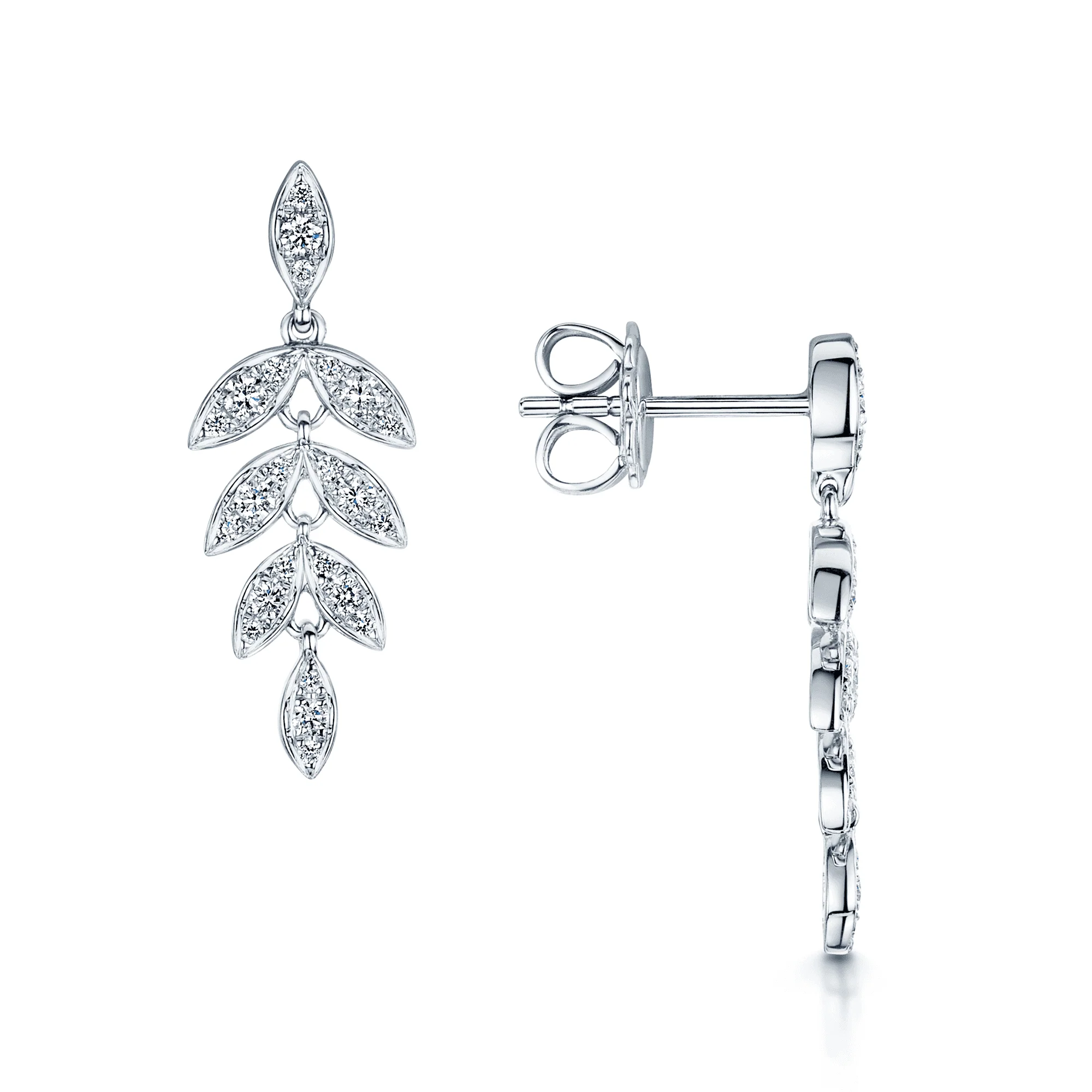 18ct White Gold Round Brilliant Diamond Leaf Drop Earrings