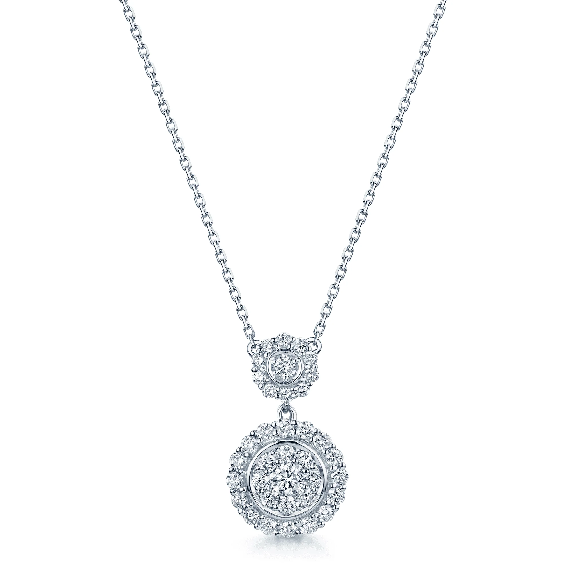 18ct White Gold Round Brilliant Diamond Pave Circle Fancy Two Drop Pendant