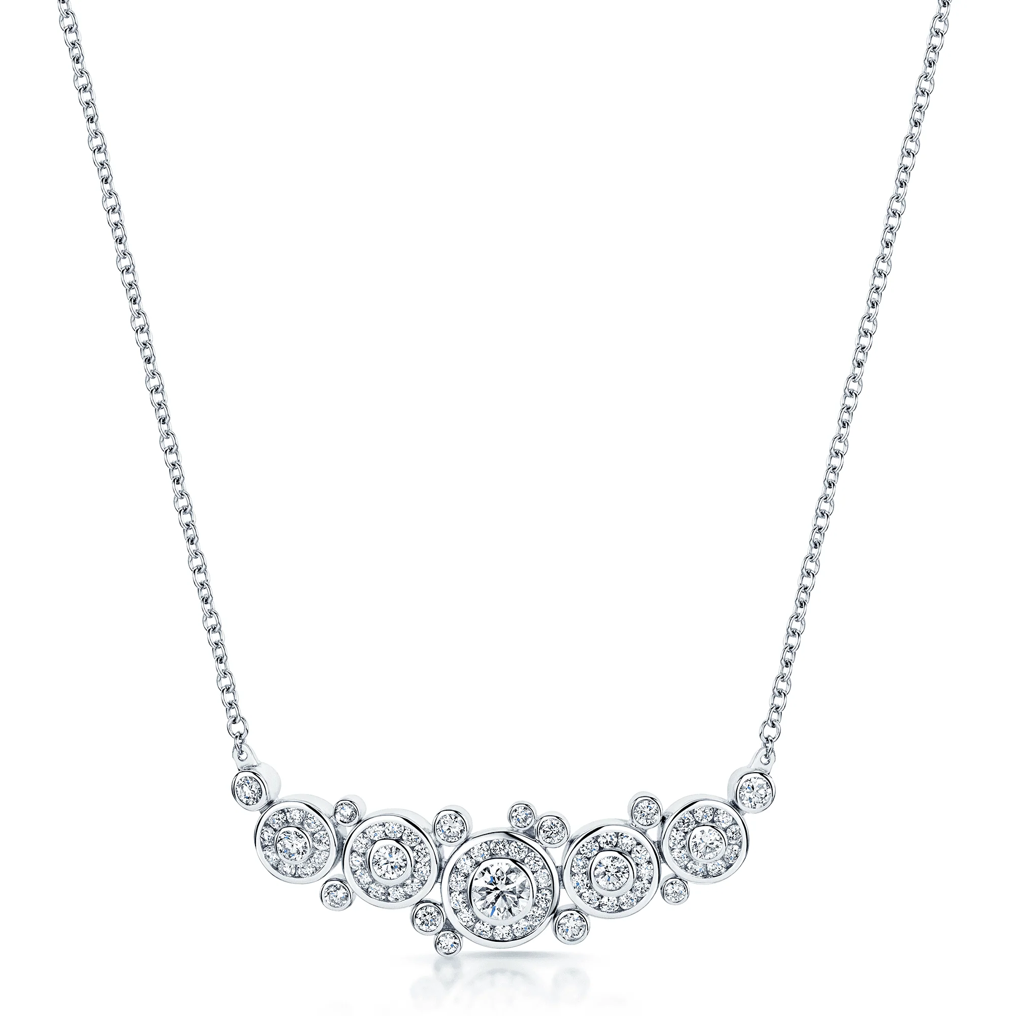 18ct White Gold Round Brilliant Halo Multi Rub-Over Scattered Diamond Horizontal Pendant