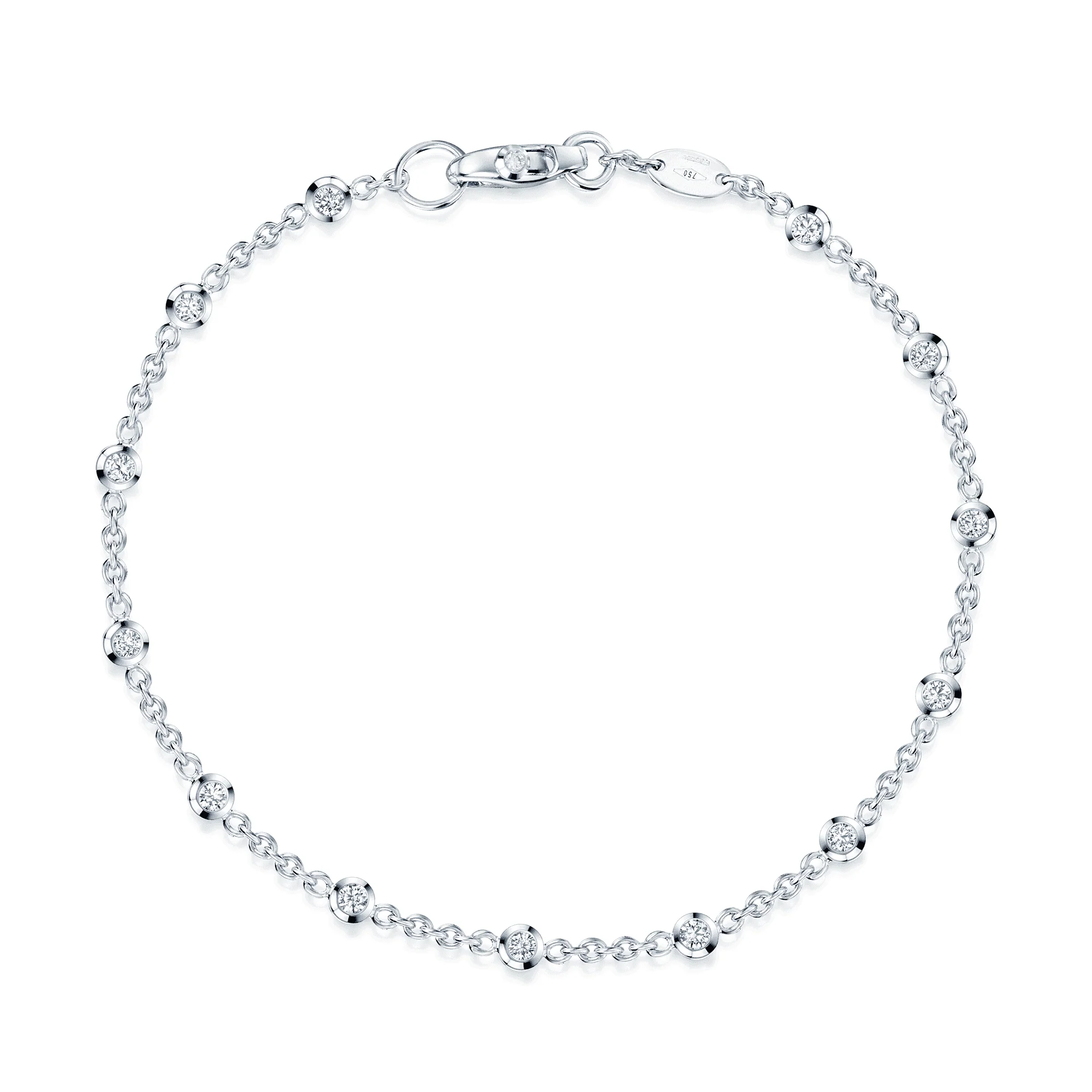 18ct White Gold Rub Over Set Round Brilliant Cut Diamond Fine Chain Bracelet