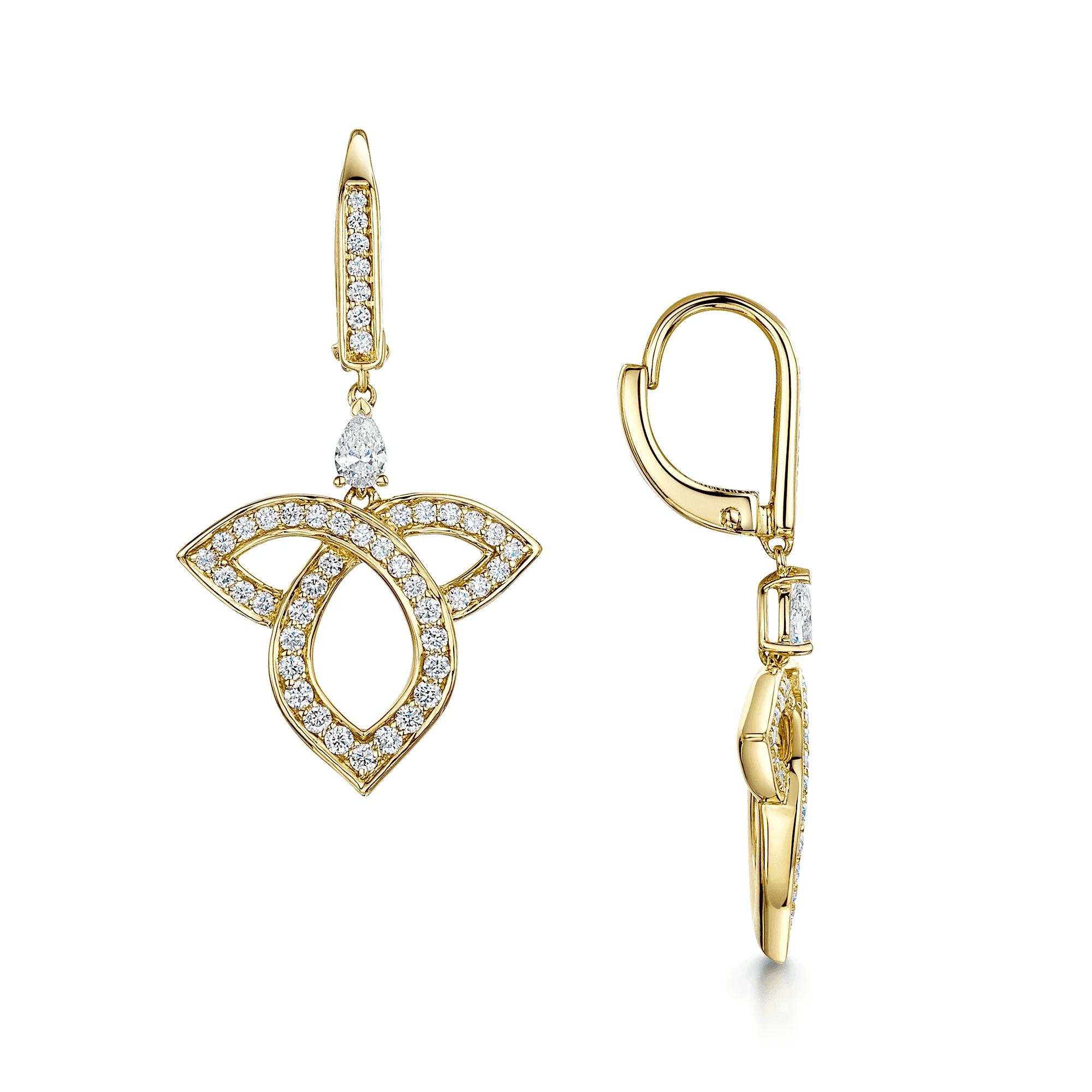 18ct Yellow Gold Pear And Round Brilliant Cut Open Lotus Drop Earrings