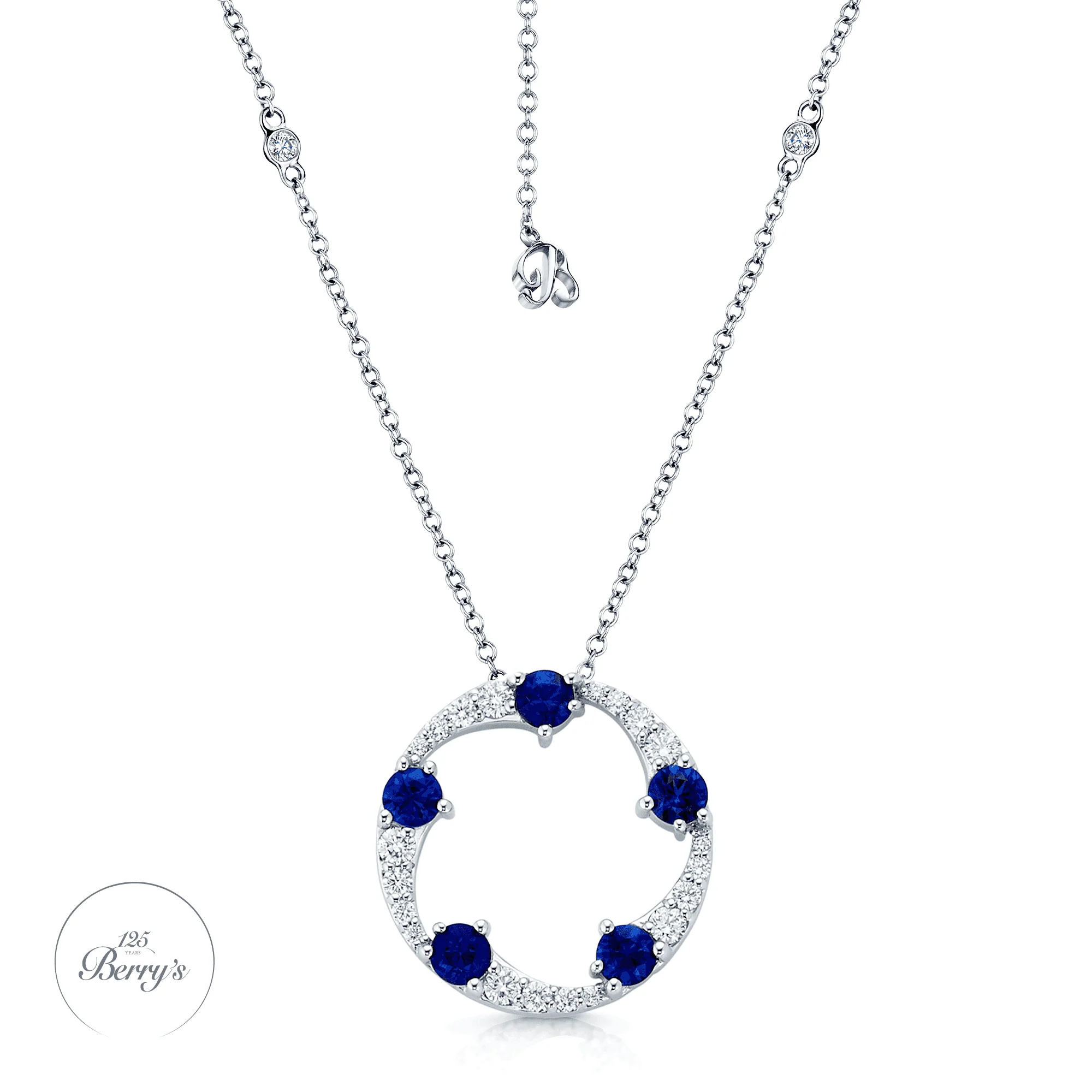 OPEIA Collection 18ct White Gold Sapphire Diamond Fancy Large Circle Pendant With Chain