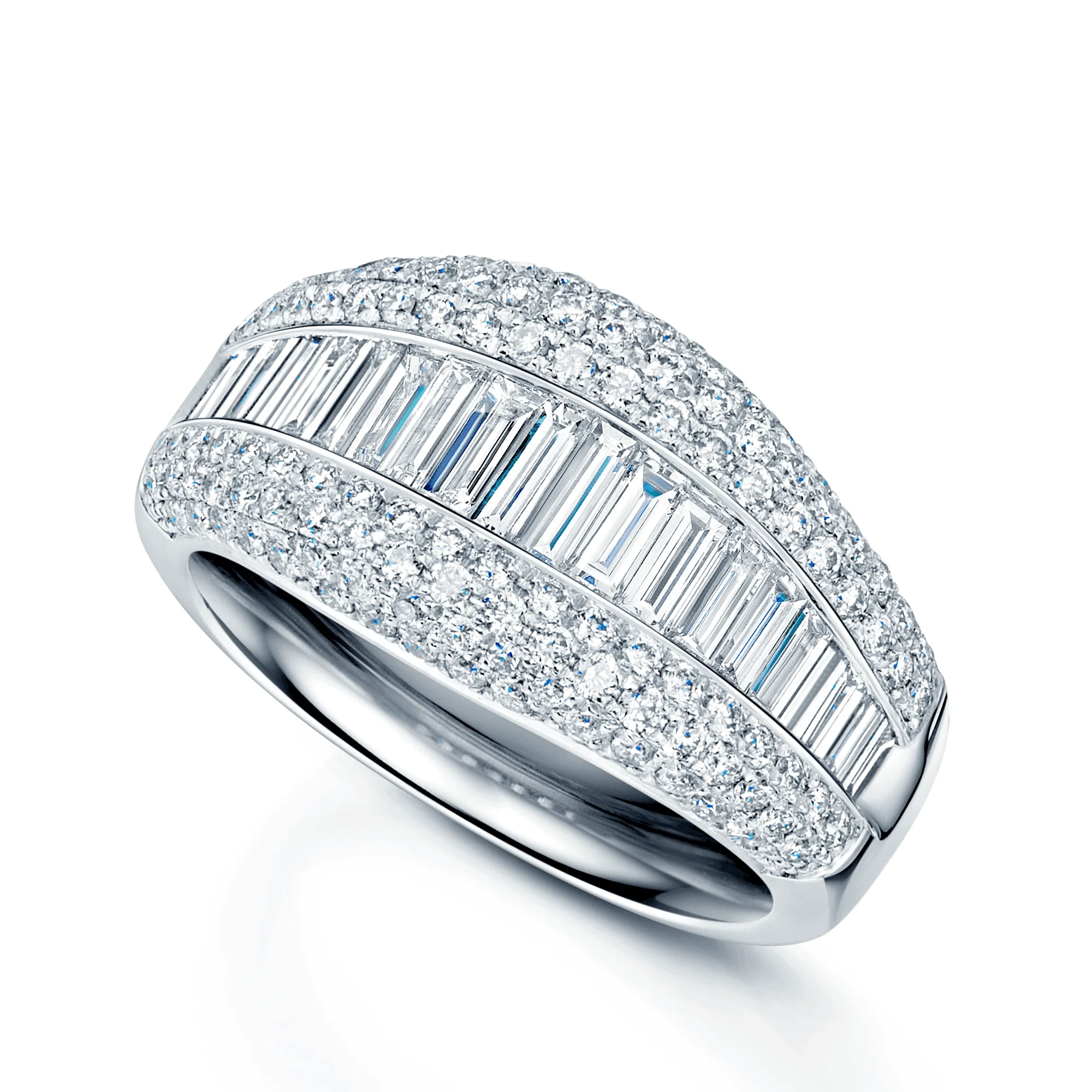 Platinum Baguette And Round Brilliant Cut Diamond Pave Set Wide Dress Ring