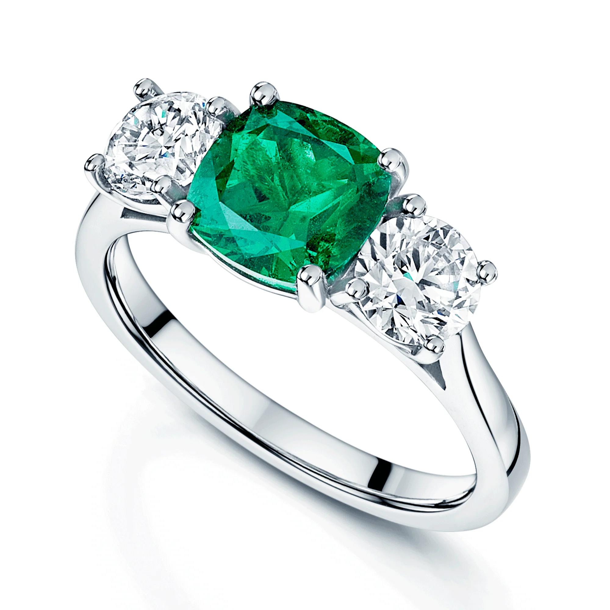 Platinum Natural Emerald And Diamond Three Stone Ring