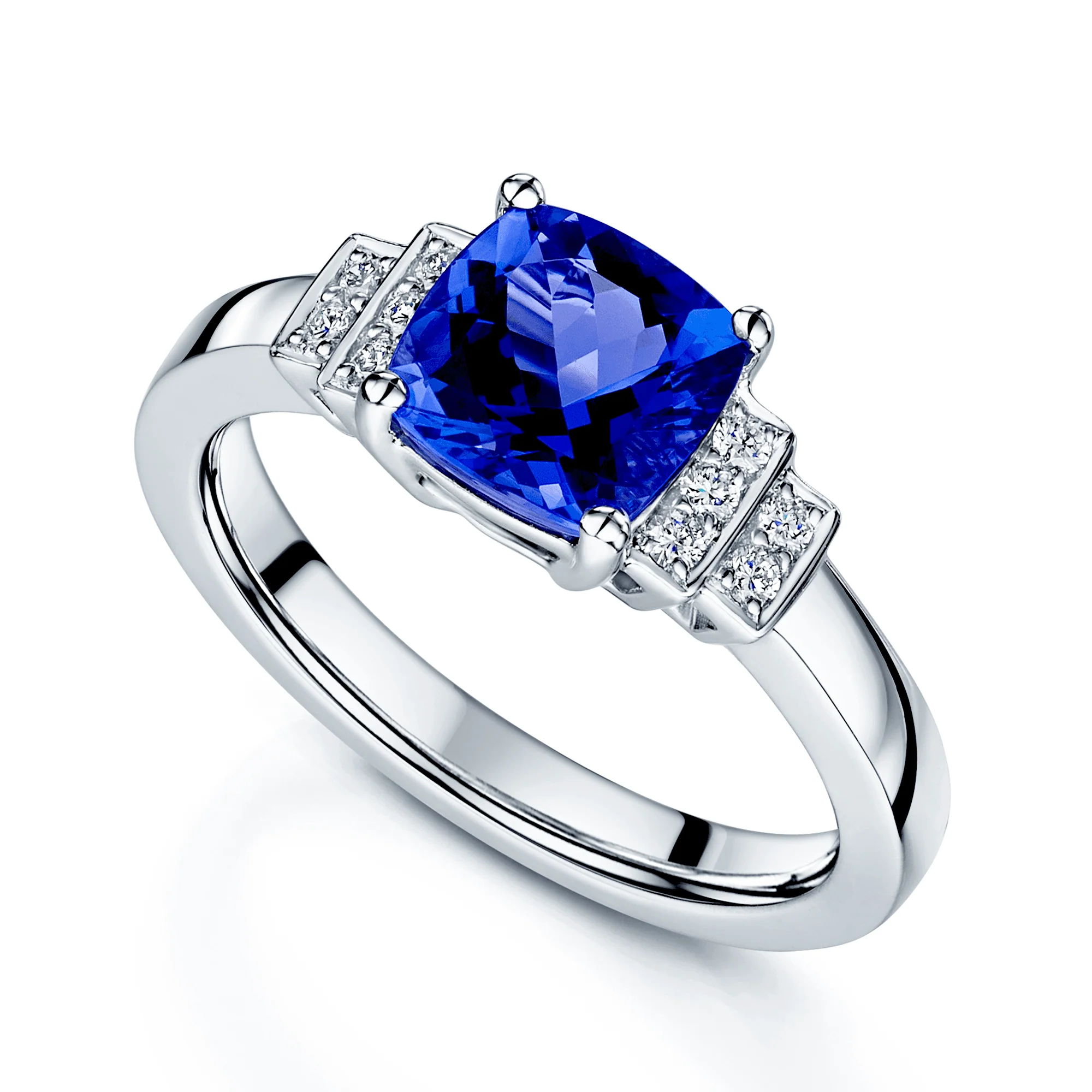 Platinum Cushion Cut Tanzanite And Diamond Fancy Stepped Dress Ring