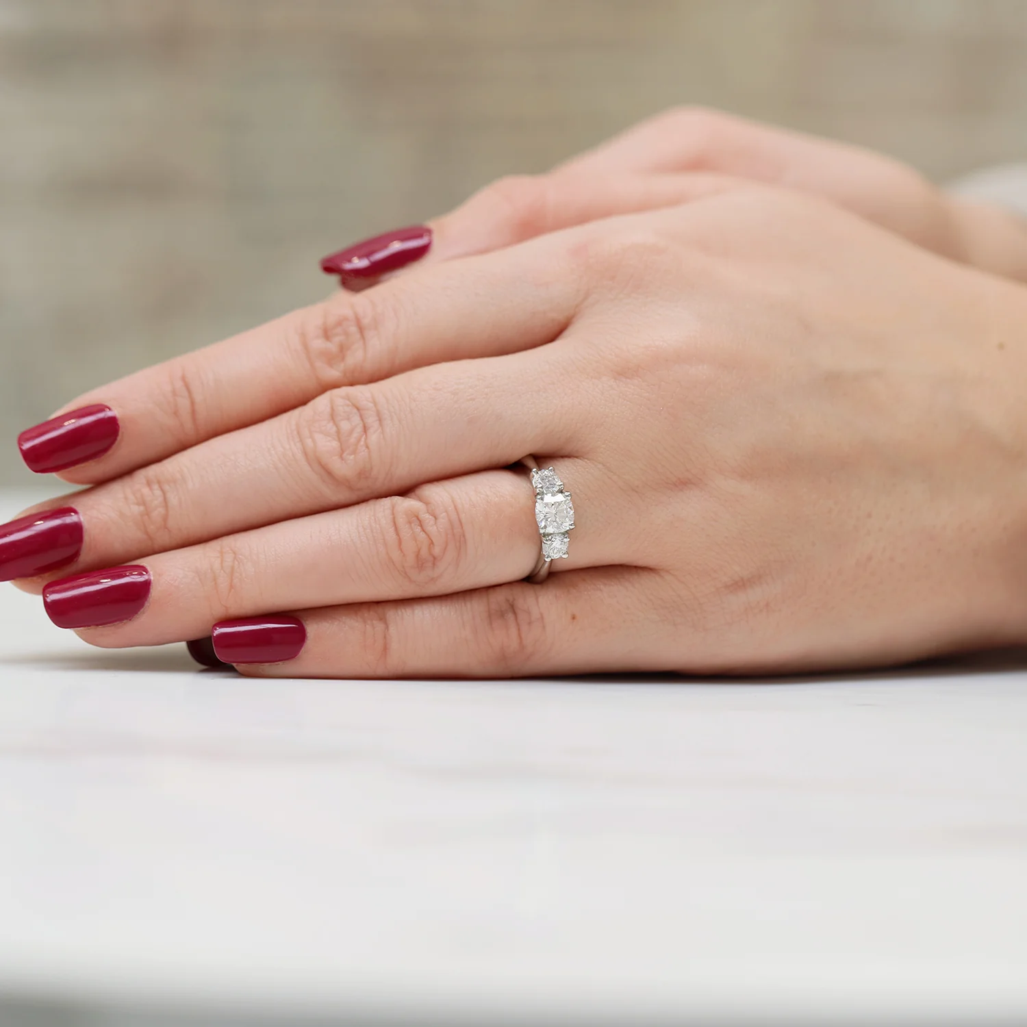 Platinum Cushion & Round Brilliant Cut Diamond Trilogy Ring - Image 2