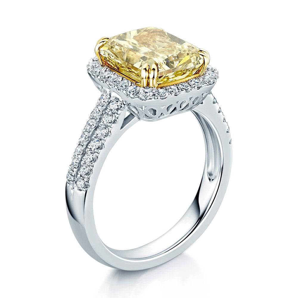 Platinum GIA Certificated Cushion Shape Yellow Diamond Halo Ring With Diamond Set Shoulders - Image 2