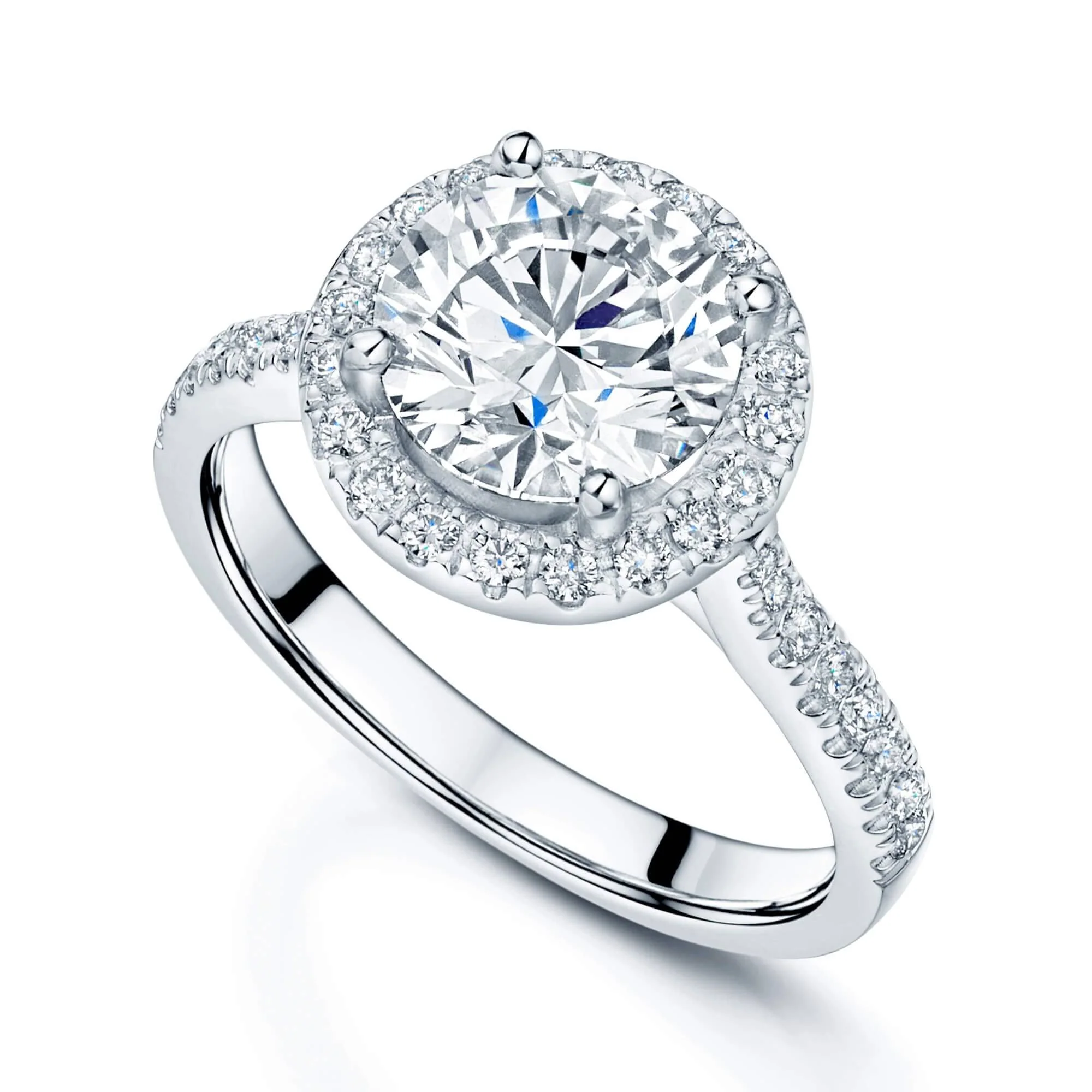 Platinum GIA Certificated Round Brilliant Cut Diamond Halo Ring and Diamond Set Shoulders