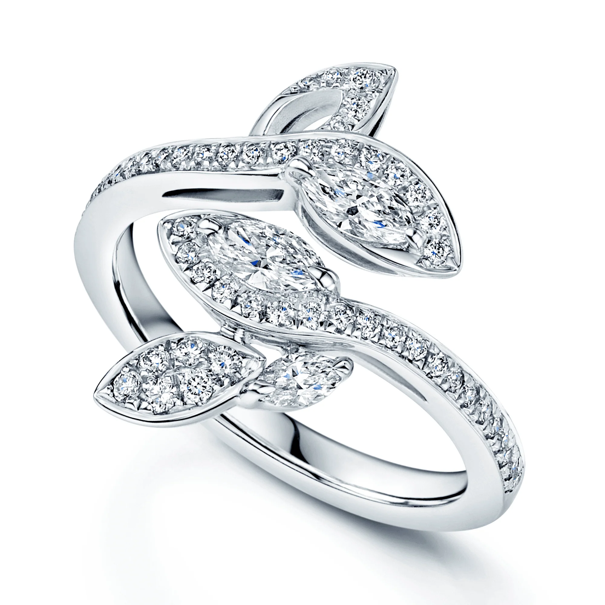 Platinum Marquise & Round Brilliant Diamond Leaf Open Twist Ring
