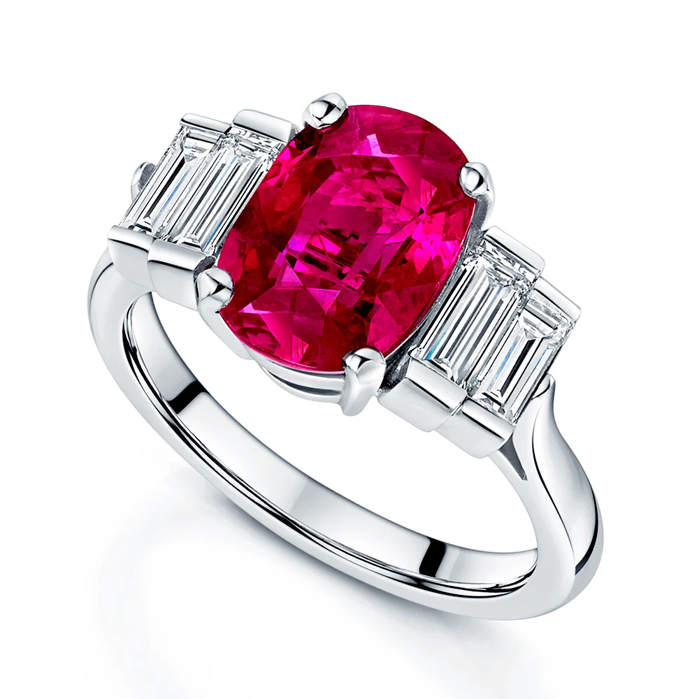 Platinum Oval Ruby and Baguette Cut Diamond Five Stone Ring