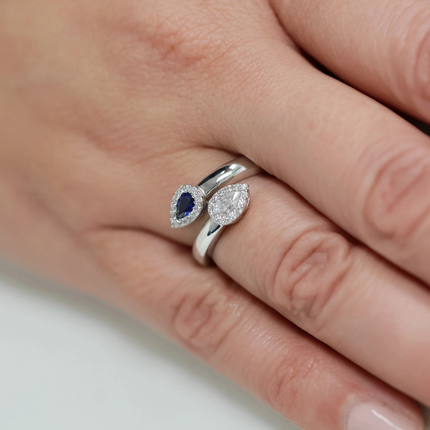 Platinum Pear Shape Diamond And Sapphire Cross Over Fancy Ring - Image 3