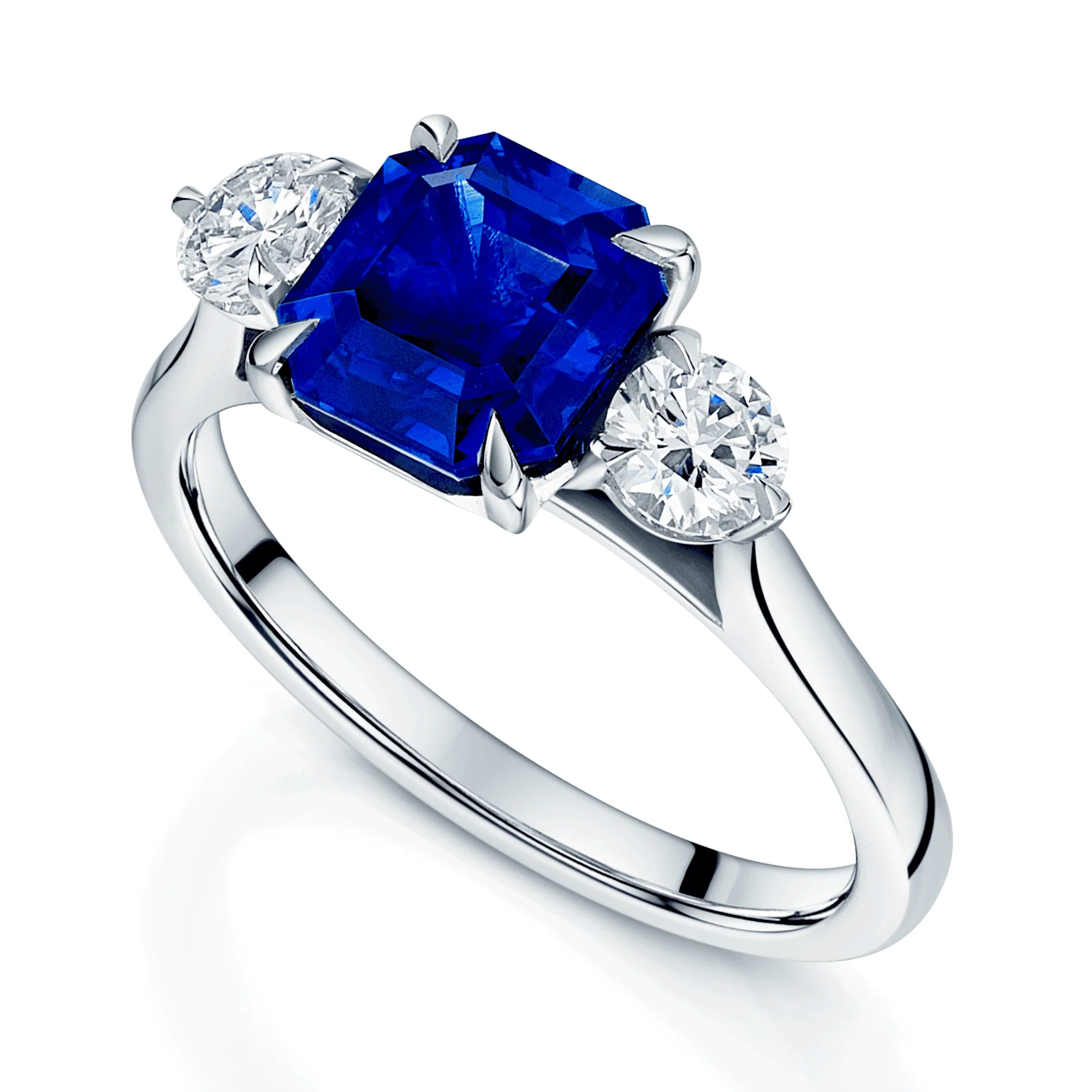 Platinum Rectangular Step Cut Sapphire & GIA Brilliant Cut Diamond Three Stone Ring