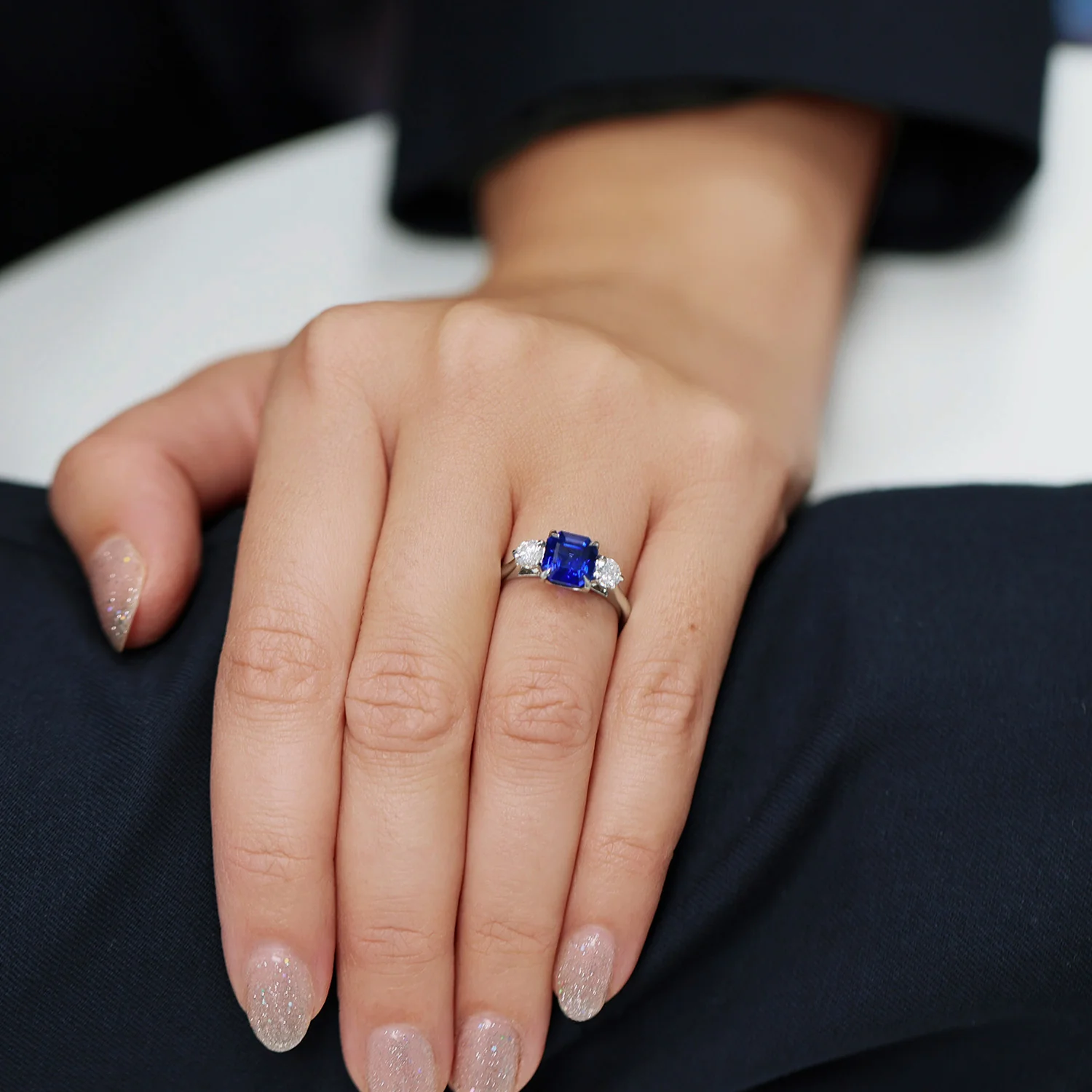 Platinum Rectangular Step Cut Sapphire & GIA Brilliant Cut Diamond Three Stone Ring - Image 3