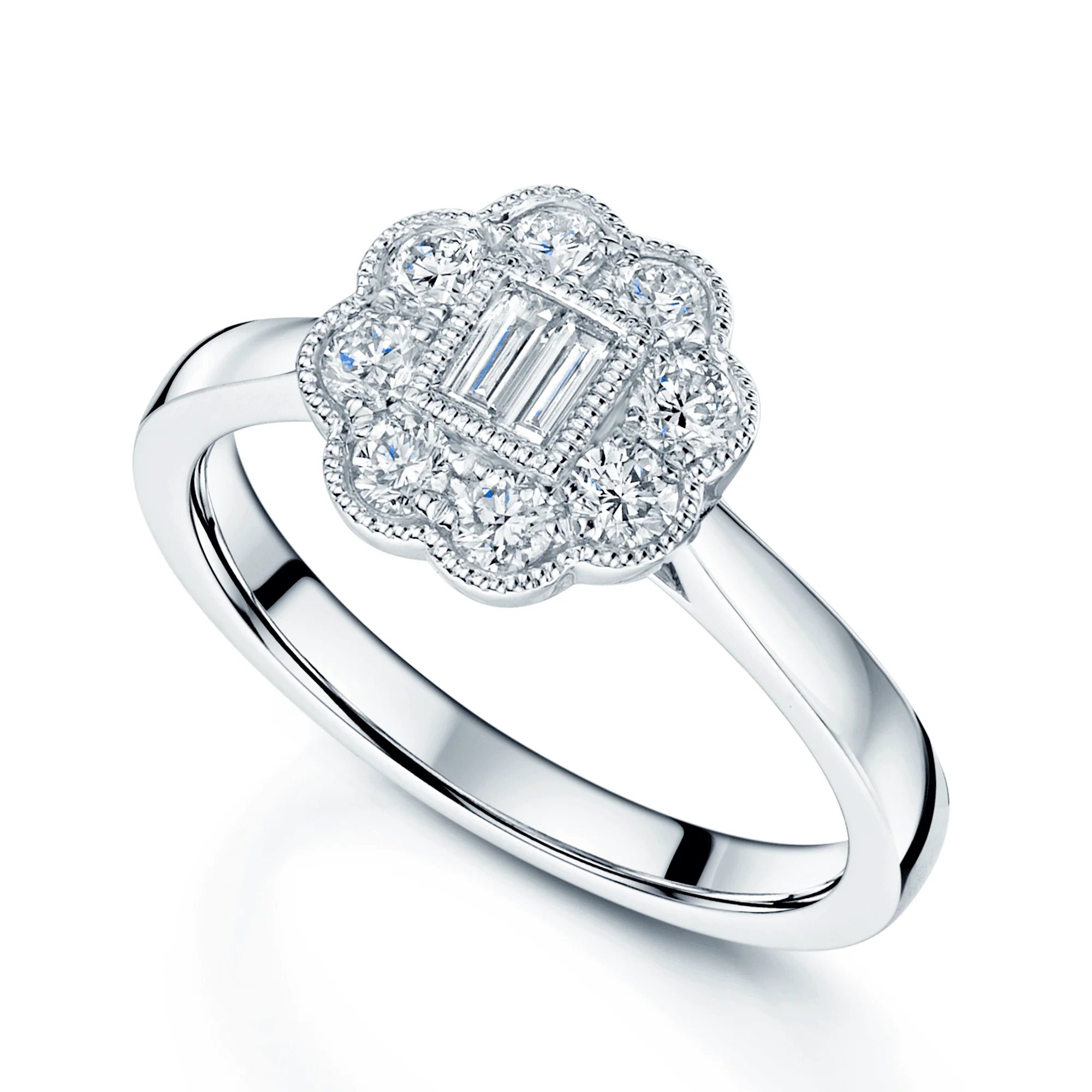 Platinum Round Brilliant And Baguette Cut Flower Cluster Ring With A Milgrain Edge