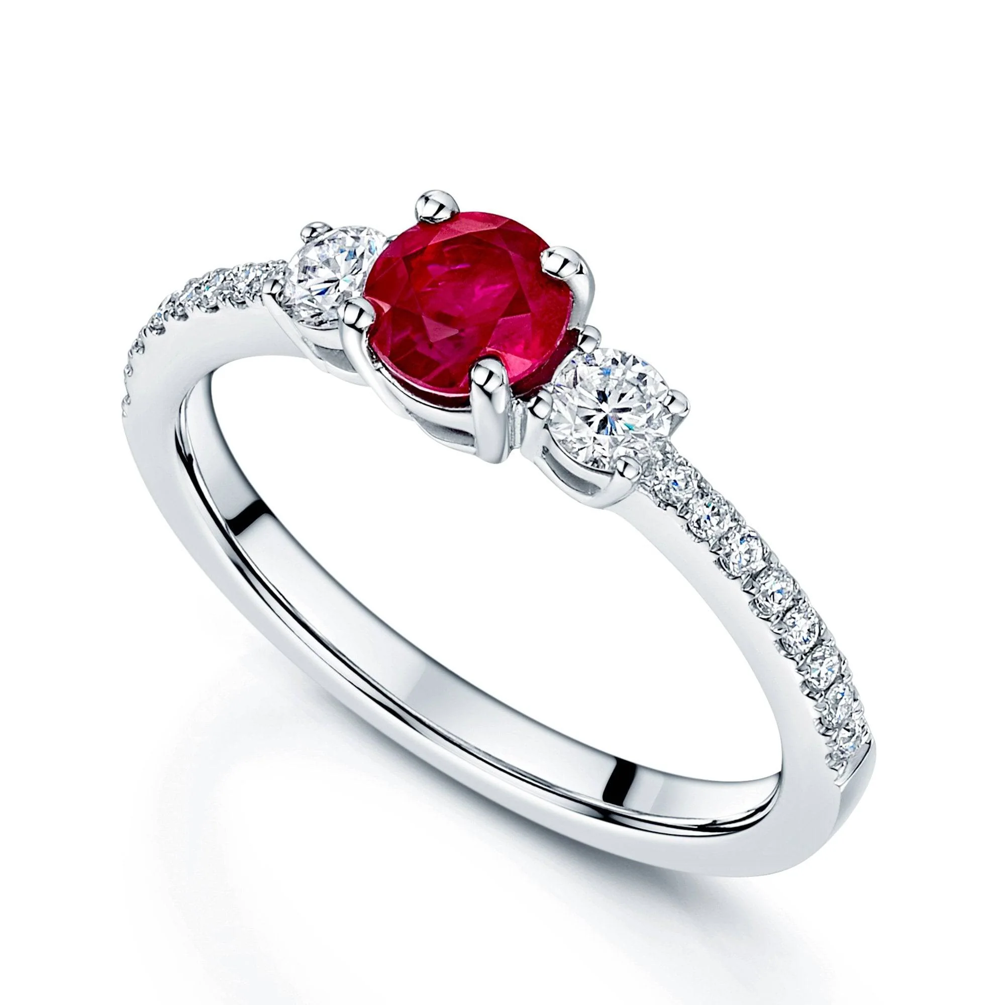Platinum Ruby & Diamond Three Stone Ring With Diamond Set Shoulders