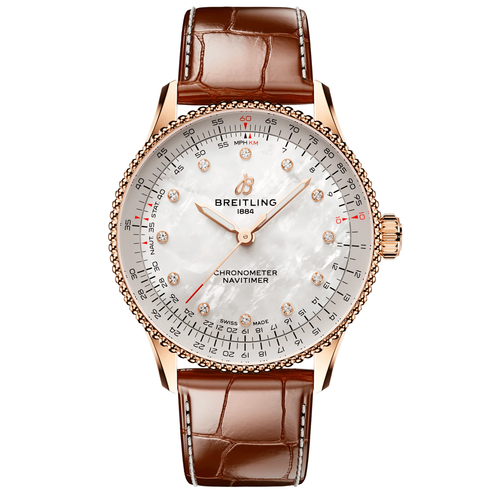 Navitimer 36mm 18ct Red Gold Diamond Dial Ladies Strap Watch