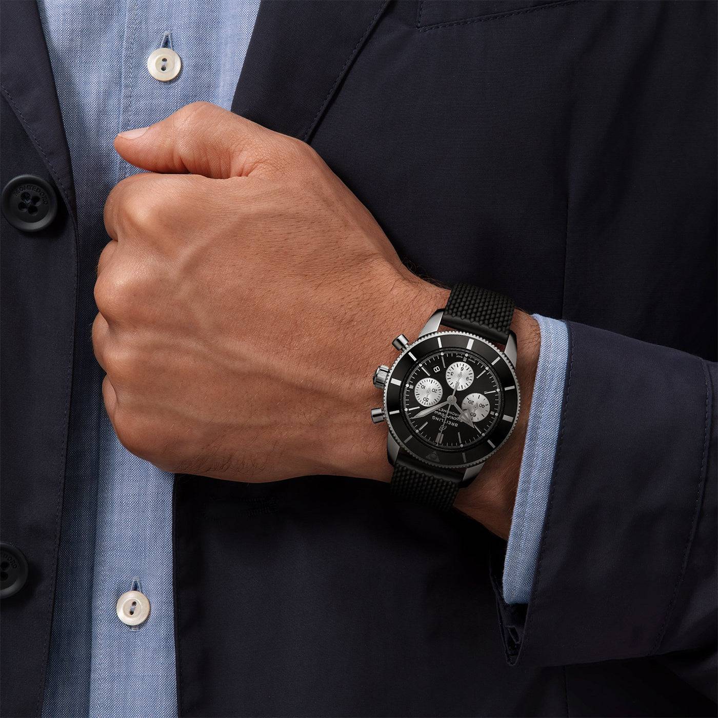 Superocean Heritage II 44mm Black/Silver Dial Rubber Strap Watch - Image 3