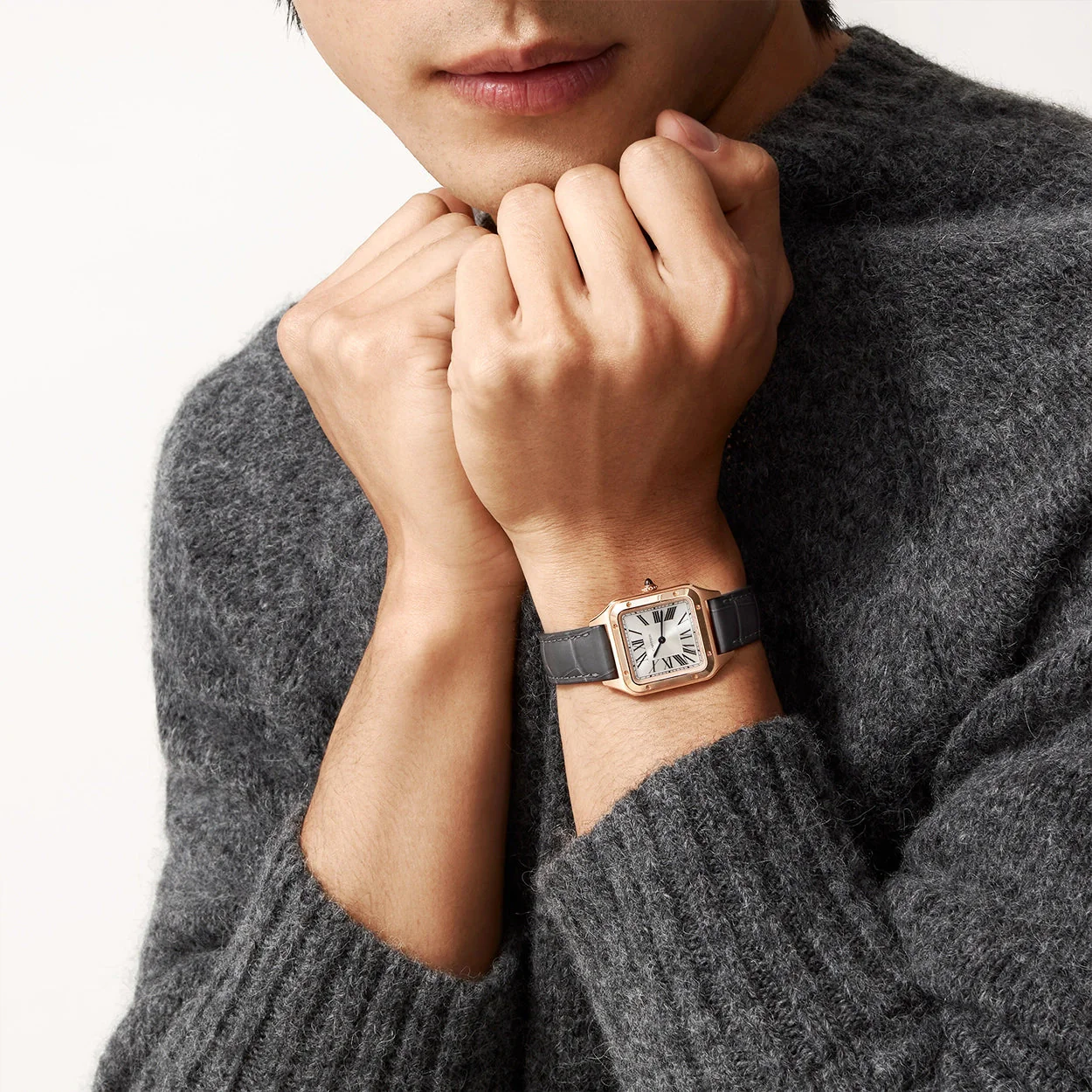 Santos-Dumont Small 18ct Rose Gold Leather Strap Watch - Image 3