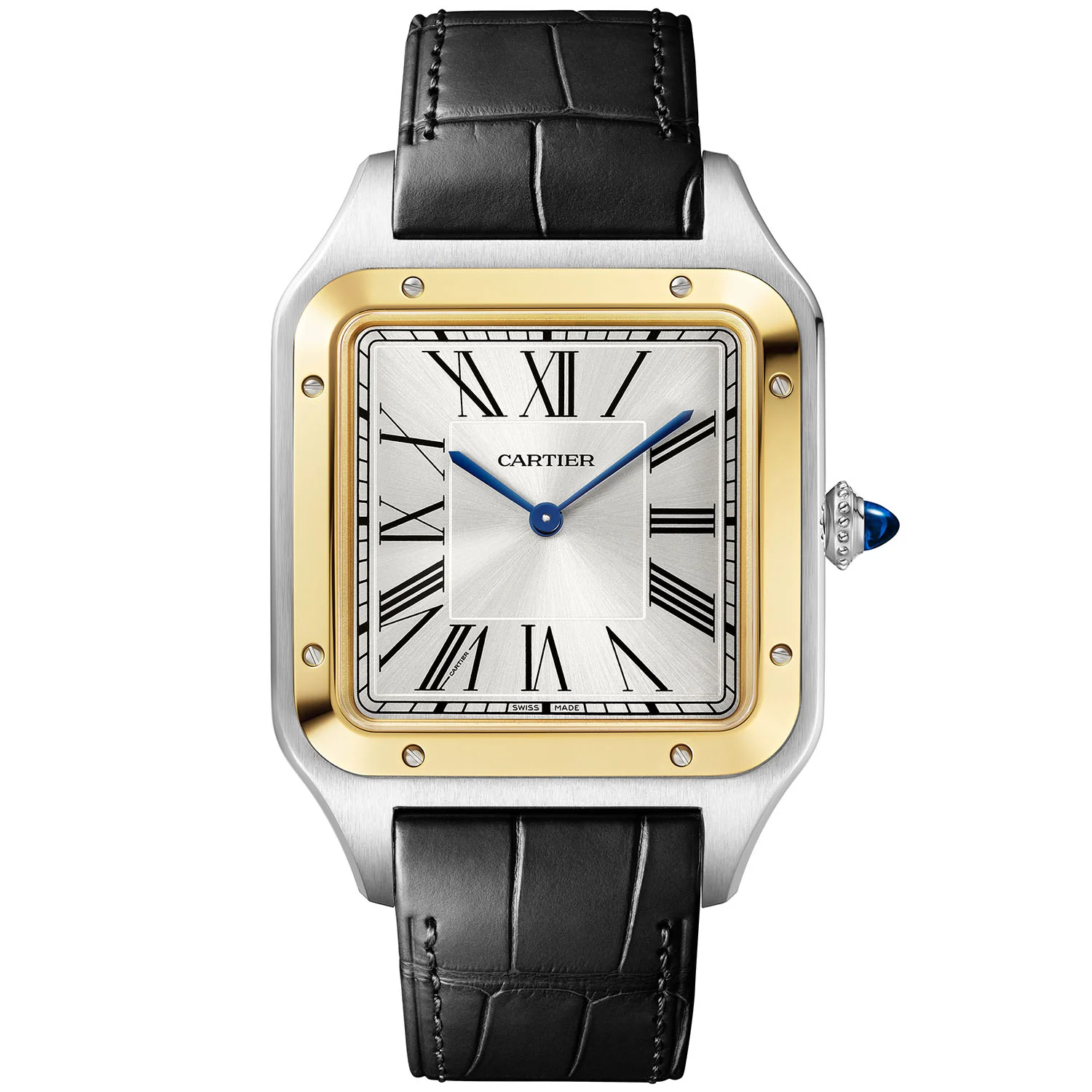 Santos-Dumont XL Steel & 18ct Yellow Gold Silver Dial Leather Strap Watch