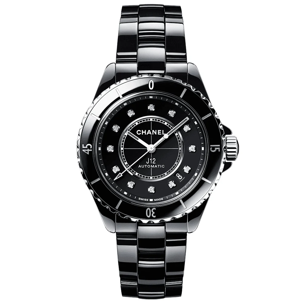 J12 38mm Black Ceramic Diamond Dial Automatic Bracelet Watch