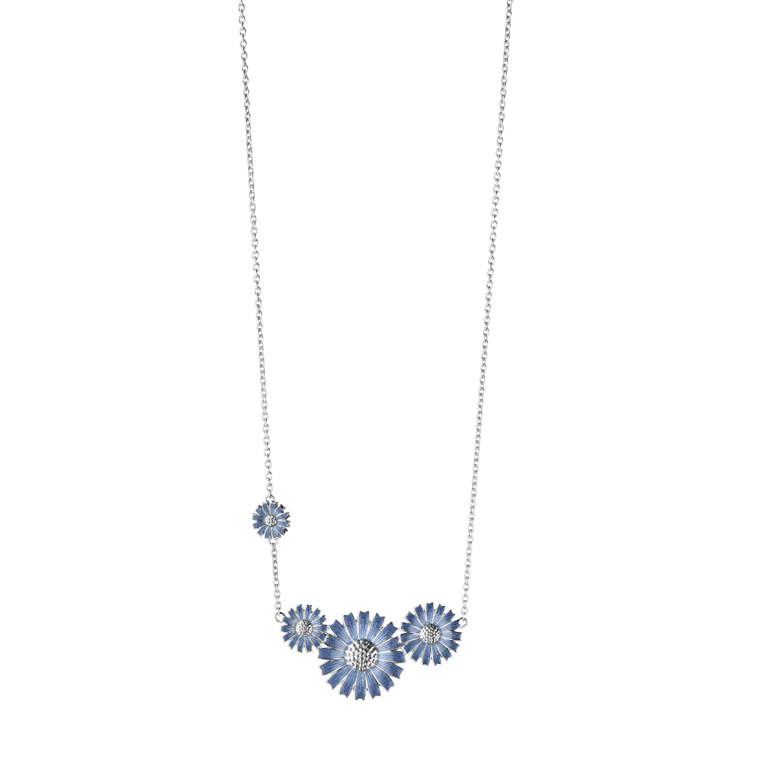 Daisy Silver And Blue Enamel Four Flowers Necklace