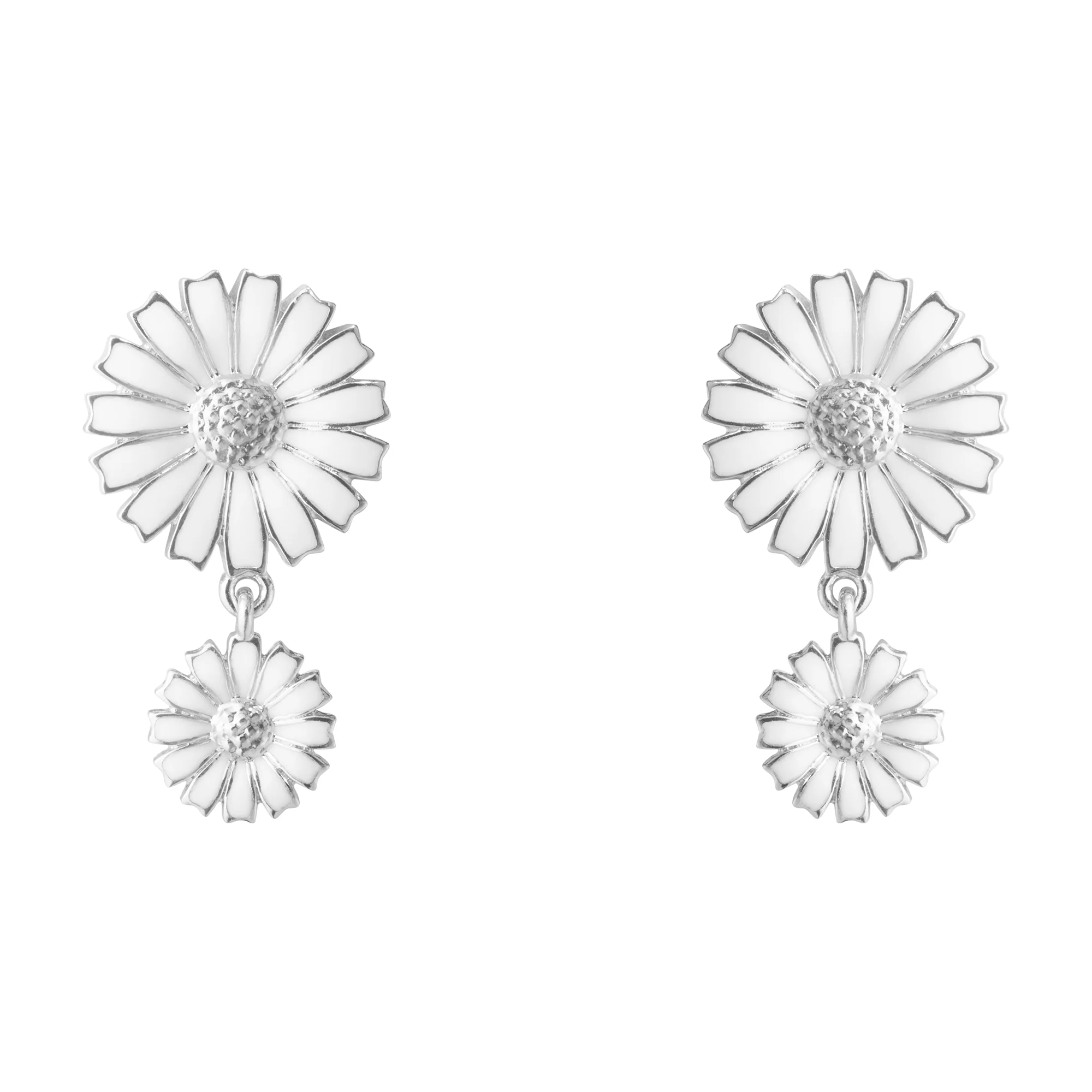 Daisy Silver And White Enamel Drop Earrings