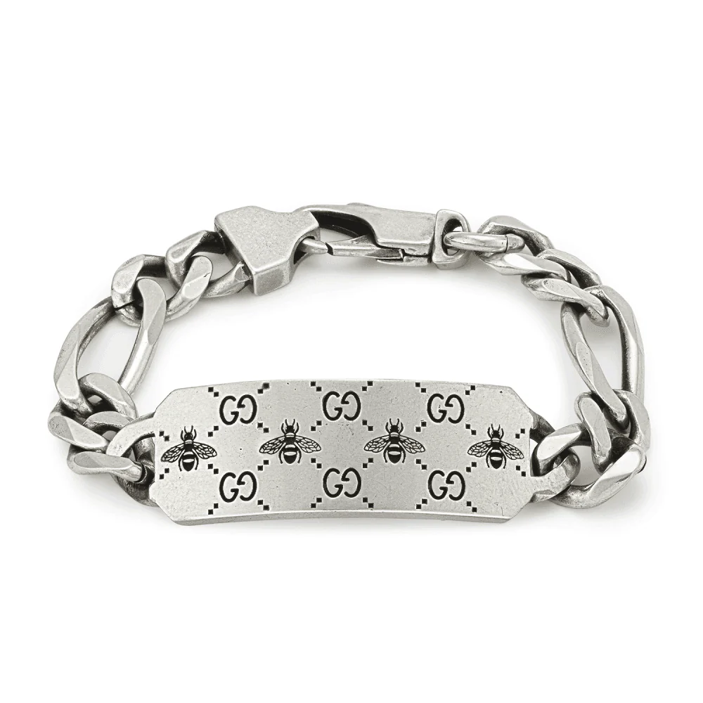 Gucci Signature Sterling Silver GG And Bee Engraved Bracelet