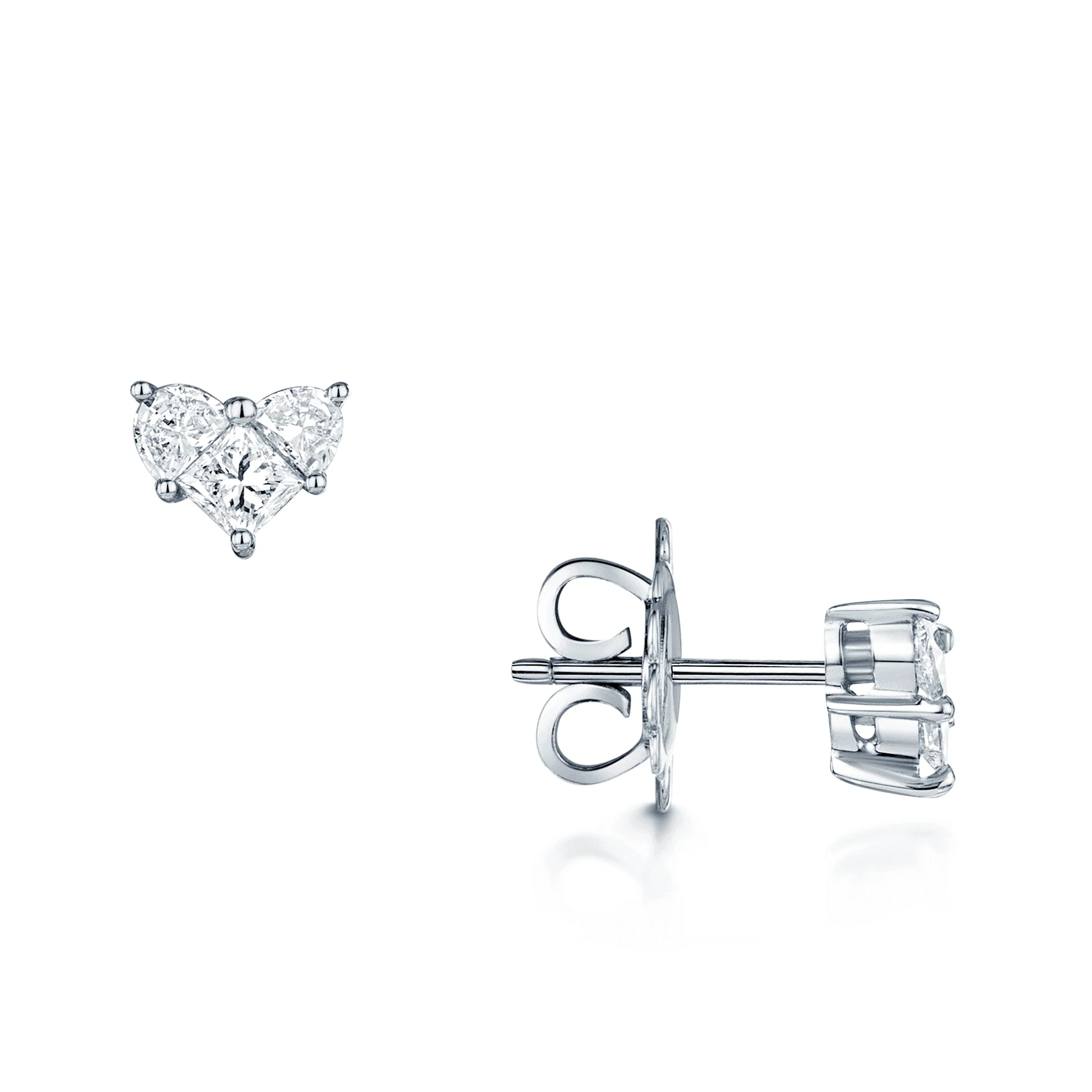 18ct White Gold Princess And Round Half Moon Cut Heart Shaped Stud Earrings