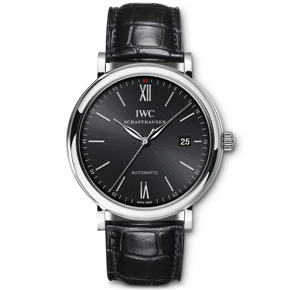 Portofino 40mm Black Sunray Dial Leather Strap Watch
