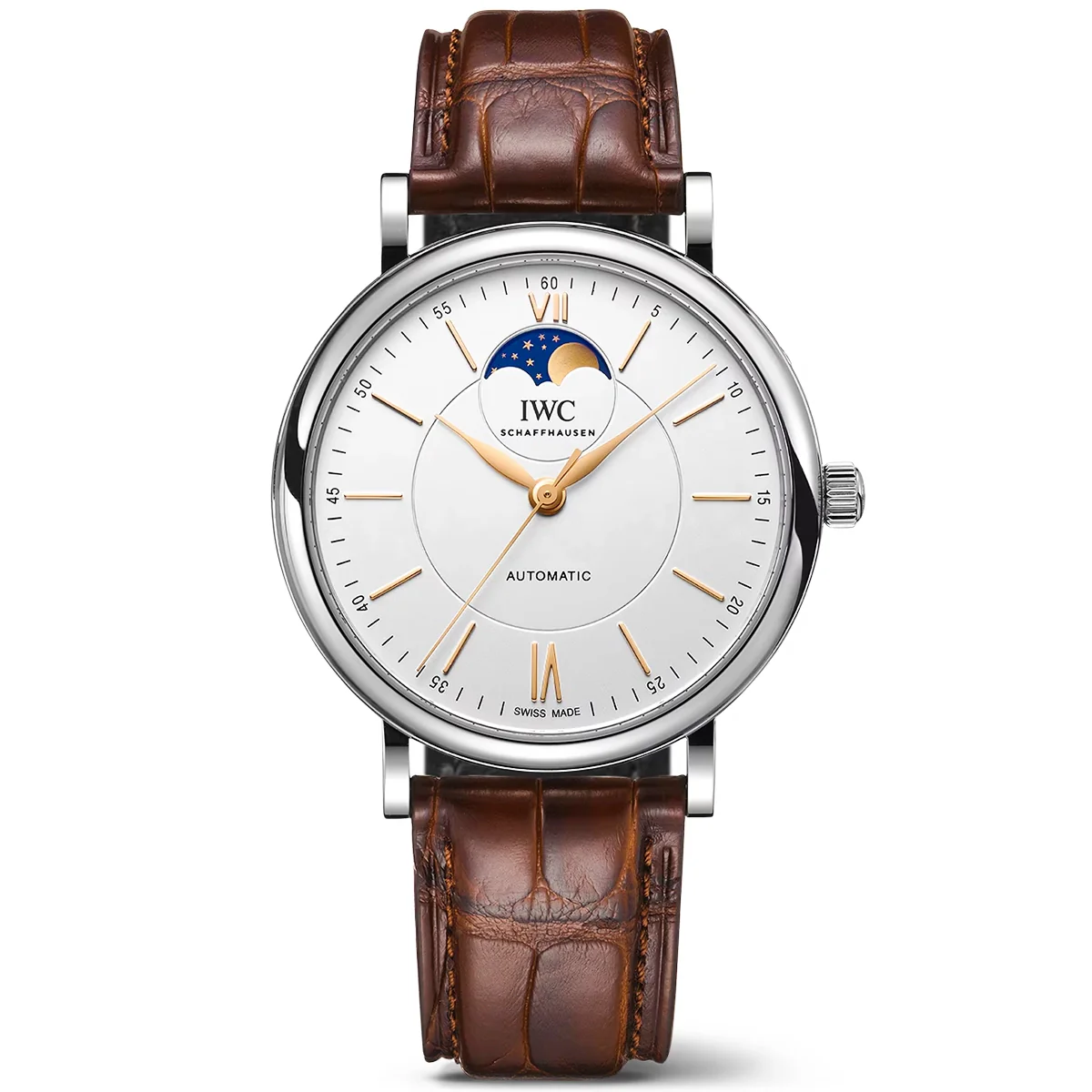 Portofino Moonphase 40mm Silver/Rose Dial Leather Strap Watch