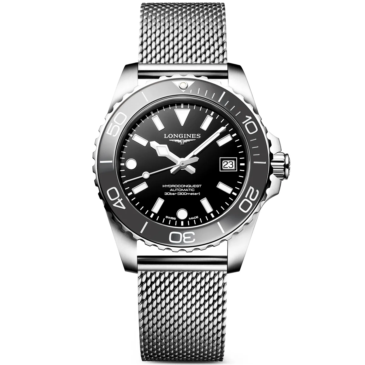 HydroConquest 39mm Grey Ceramic Bezel Milanese Bracelet Watch