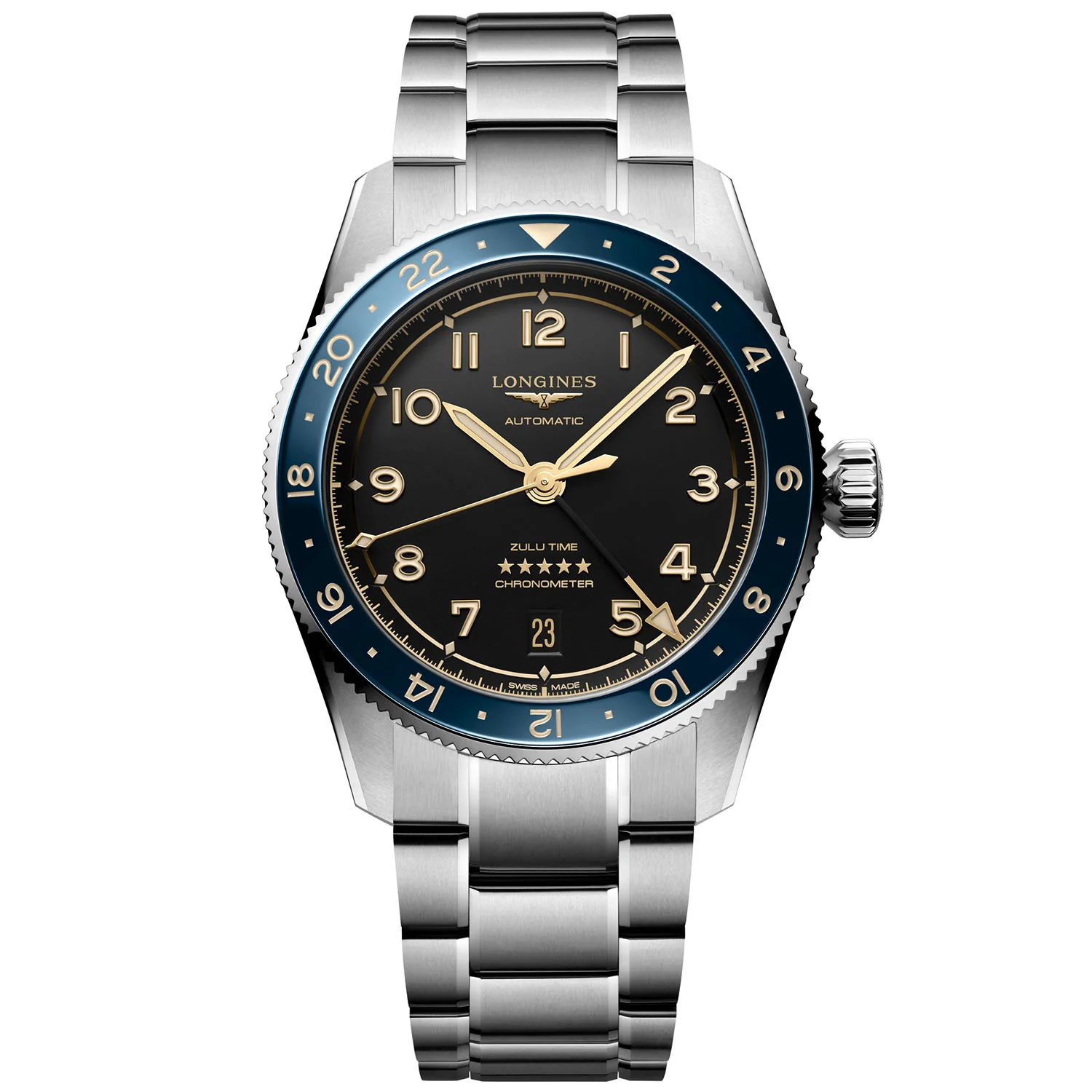 Spirit Zulu Time 39mm Black Dial & Blue Bezel Automatic Bracelet Watch
