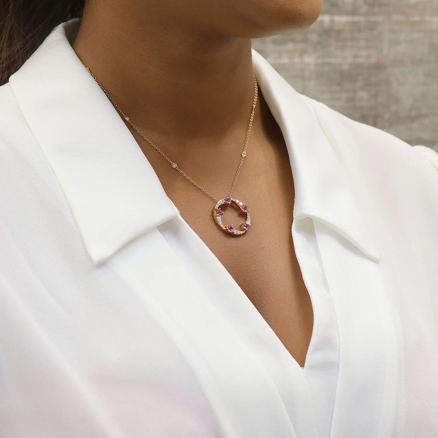 OPEIA Collection 18ct Rose Gold Pink Sapphire And Diamond Large Circle Pendant - Image 2