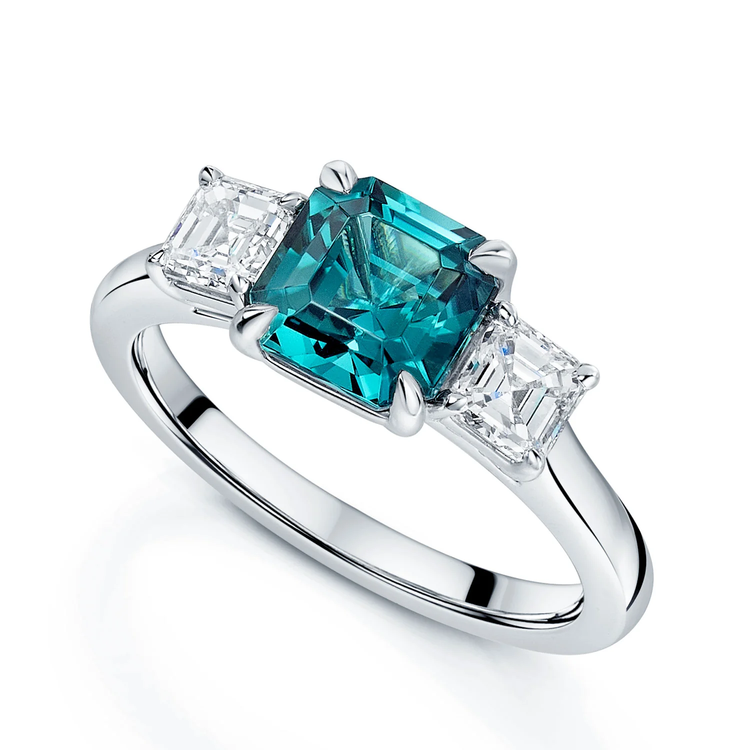 Platinum Asscher Cut Green Tourmaline & Diamond Three Stone Ring