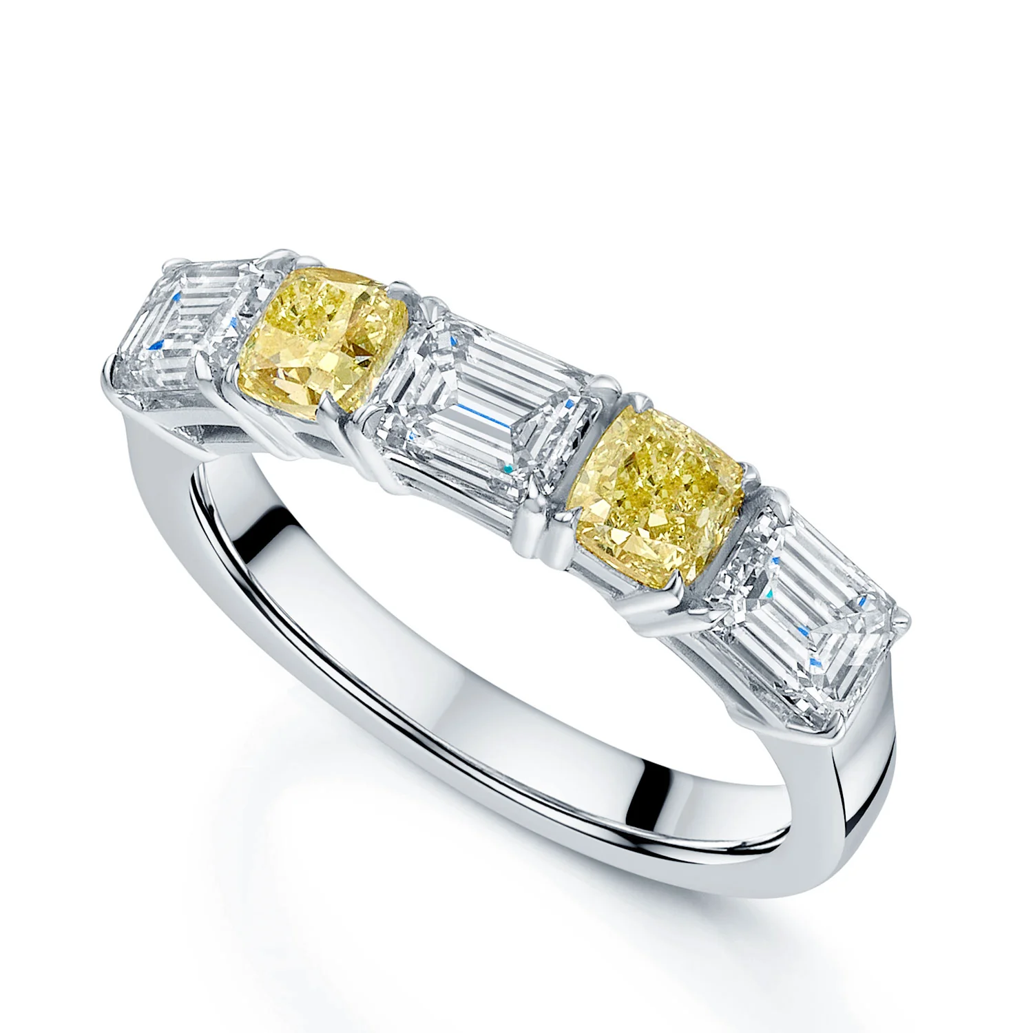 Platinum Emerald Cut Diamond And Cushion Cut Yellow Diamond Eternity Ring