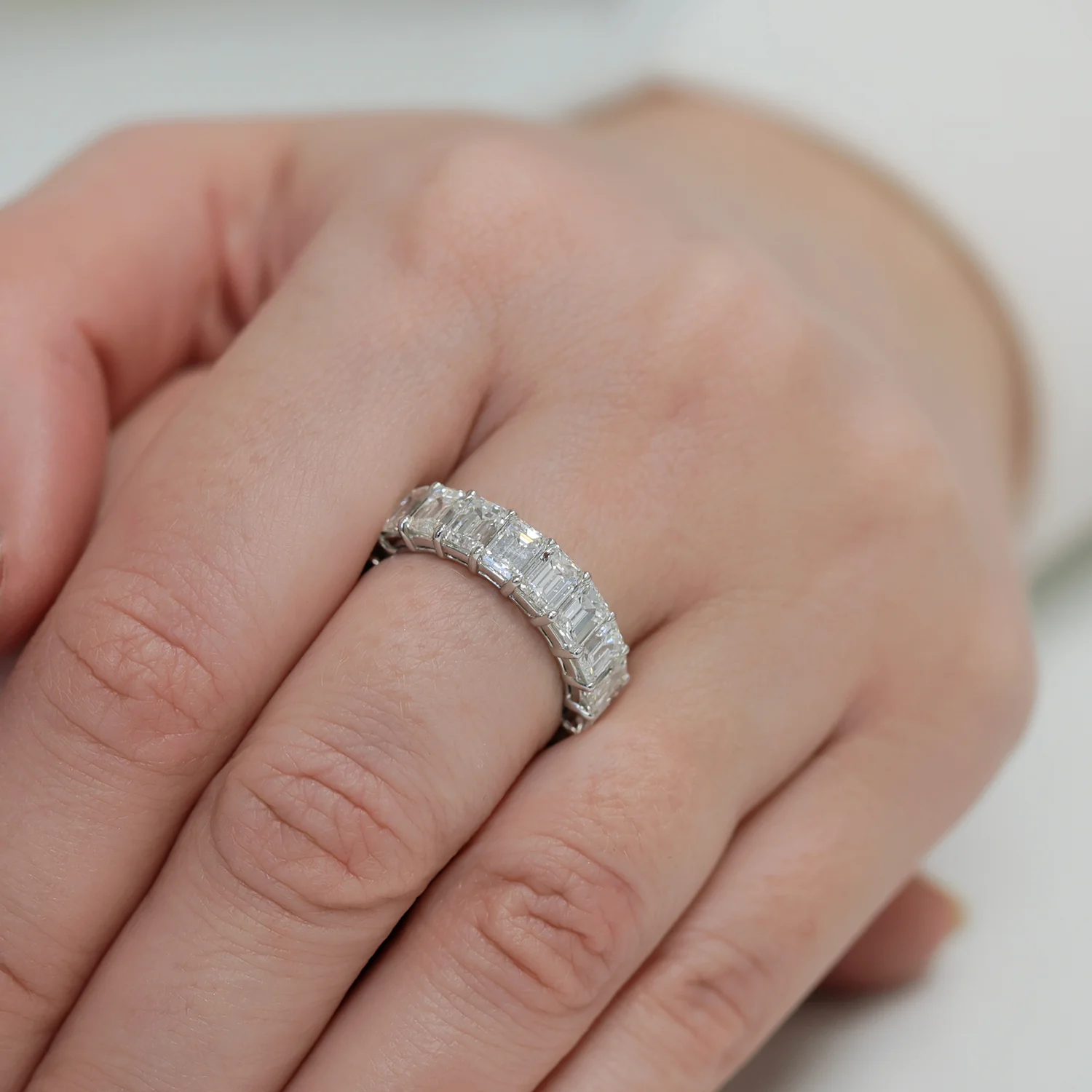 Platinum Emerald Cut Diamond Full Claw Set Eternity Ring - Image 3