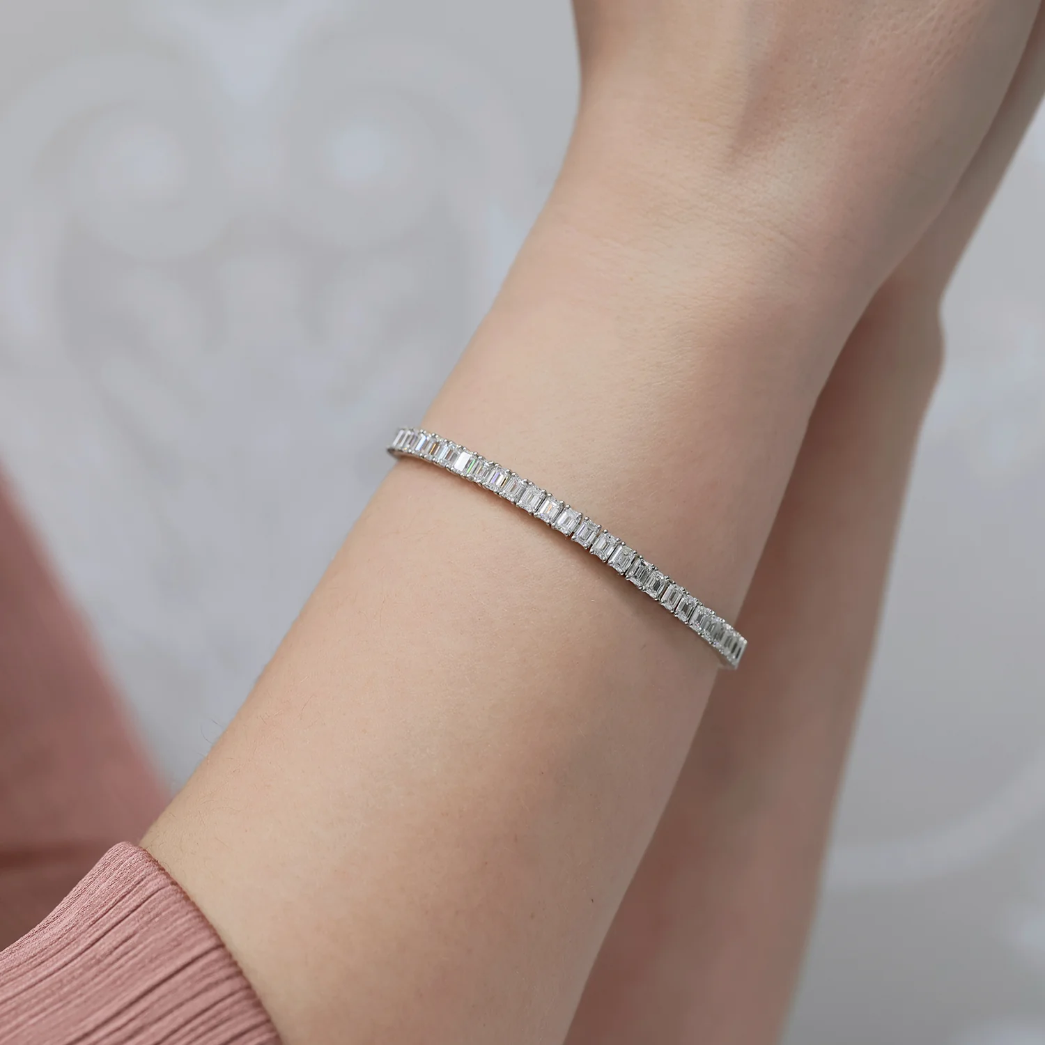 Platinum Emerald Cut Diamond Tennis Bracelet - Image 2
