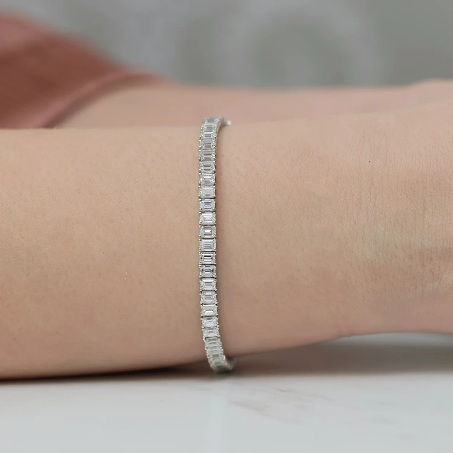 Platinum Emerald Cut Diamond Tennis Bracelet - Image 4