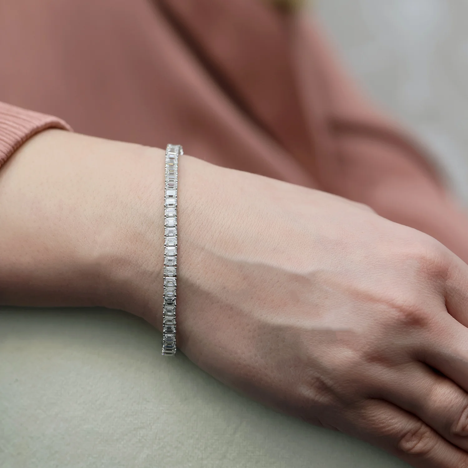 Platinum Emerald Cut Diamond Tennis Bracelet - Image 5